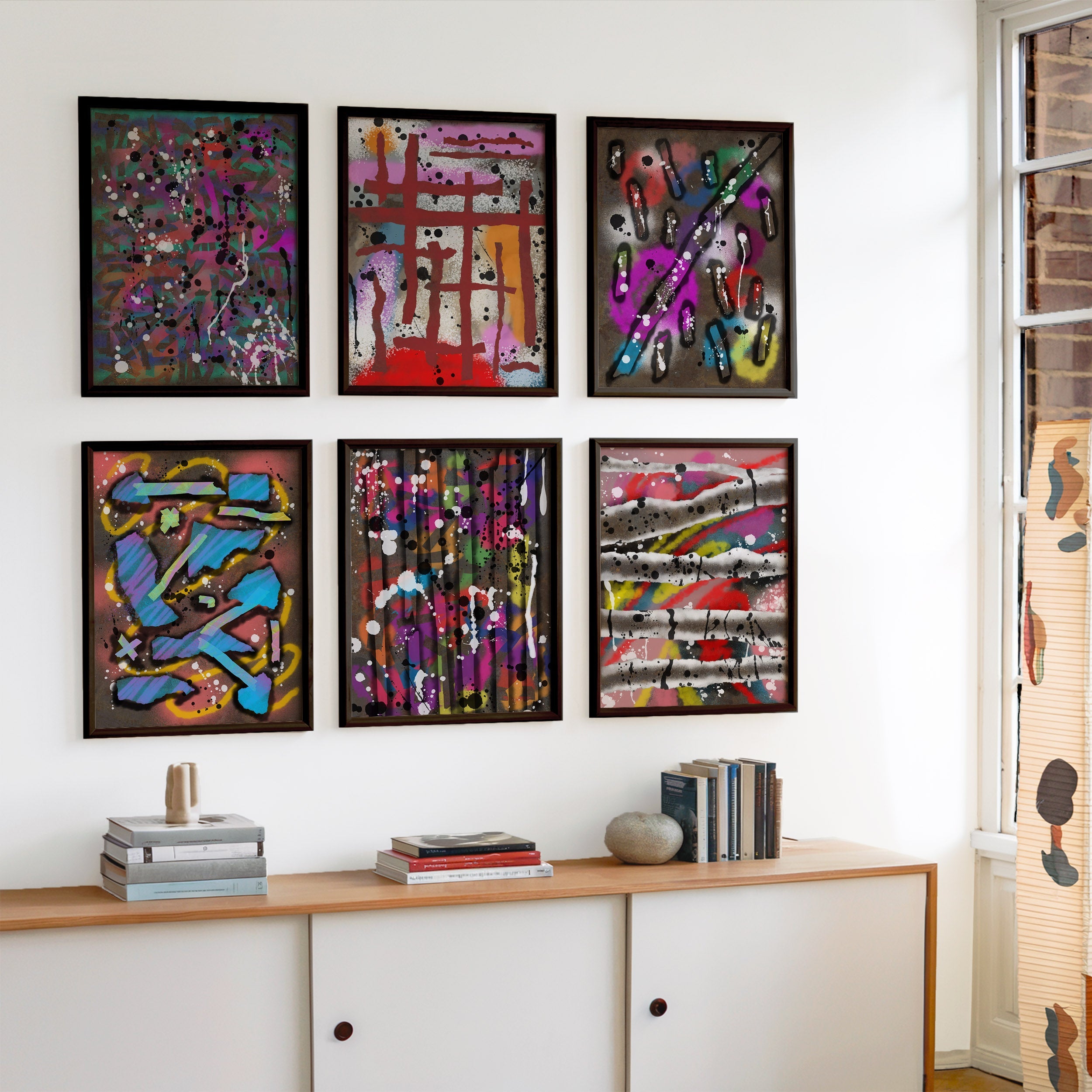Colourful expressive abstract wall art from the Broken Beats collection by Open Wall Studio displayed as contemporary framed prints in a modern interior.
