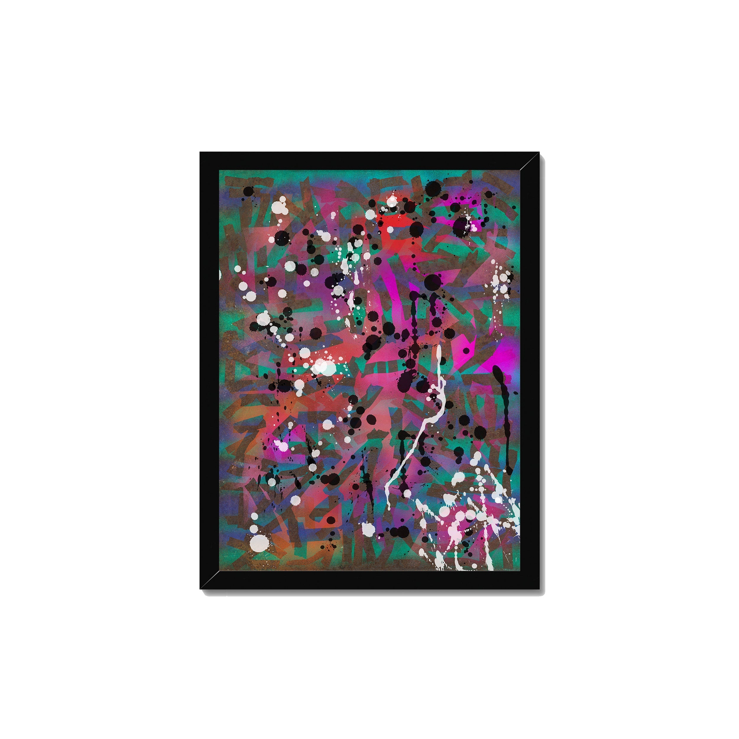 Broken Beat 01 – 30×40 cm fine art print in black box frame (12×16"). Layered abstract composition. Hahnemühle German Etching 310gsm. Ready to hang.