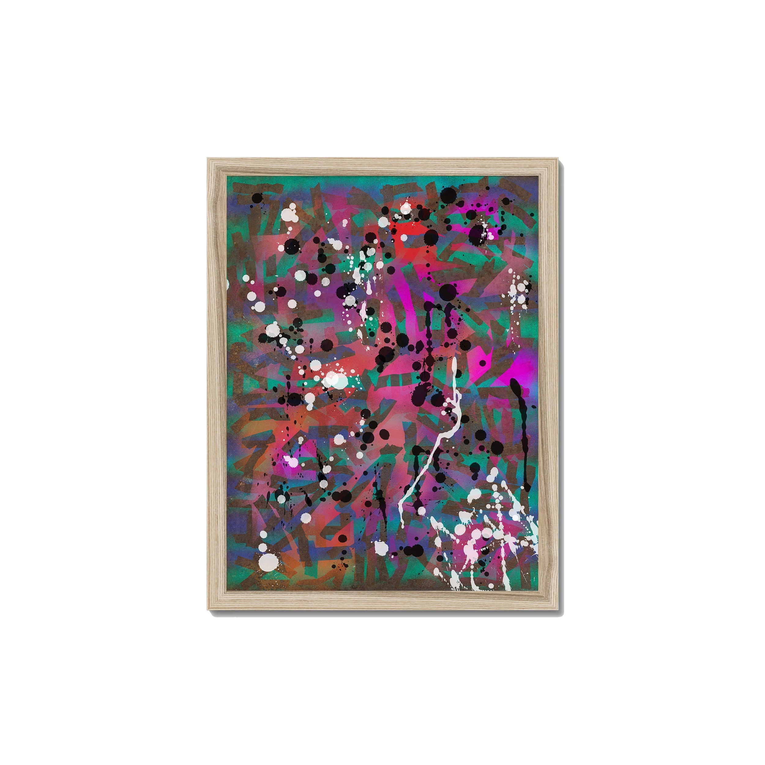 Broken Beat 01 – 30×40 cm fine art print in natural wood box frame (12×16"). Layered abstract composition. Hahnemühle German Etching 310gsm. Ready to hang.
