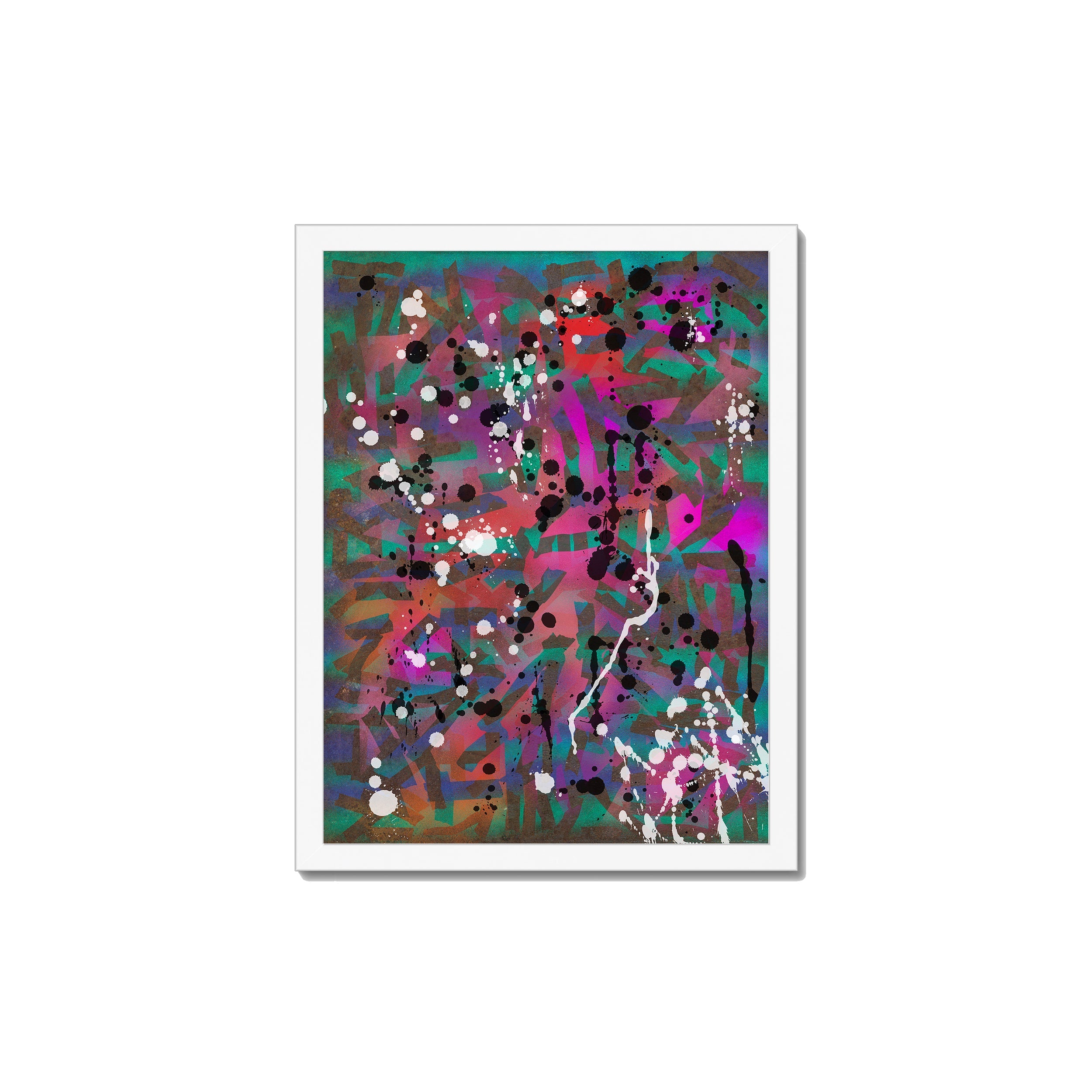 Broken Beat 01 – 30×40 cm fine art print in white box frame (12×16"). Layered abstract composition. Hahnemühle German Etching 310gsm. Ready to hang.