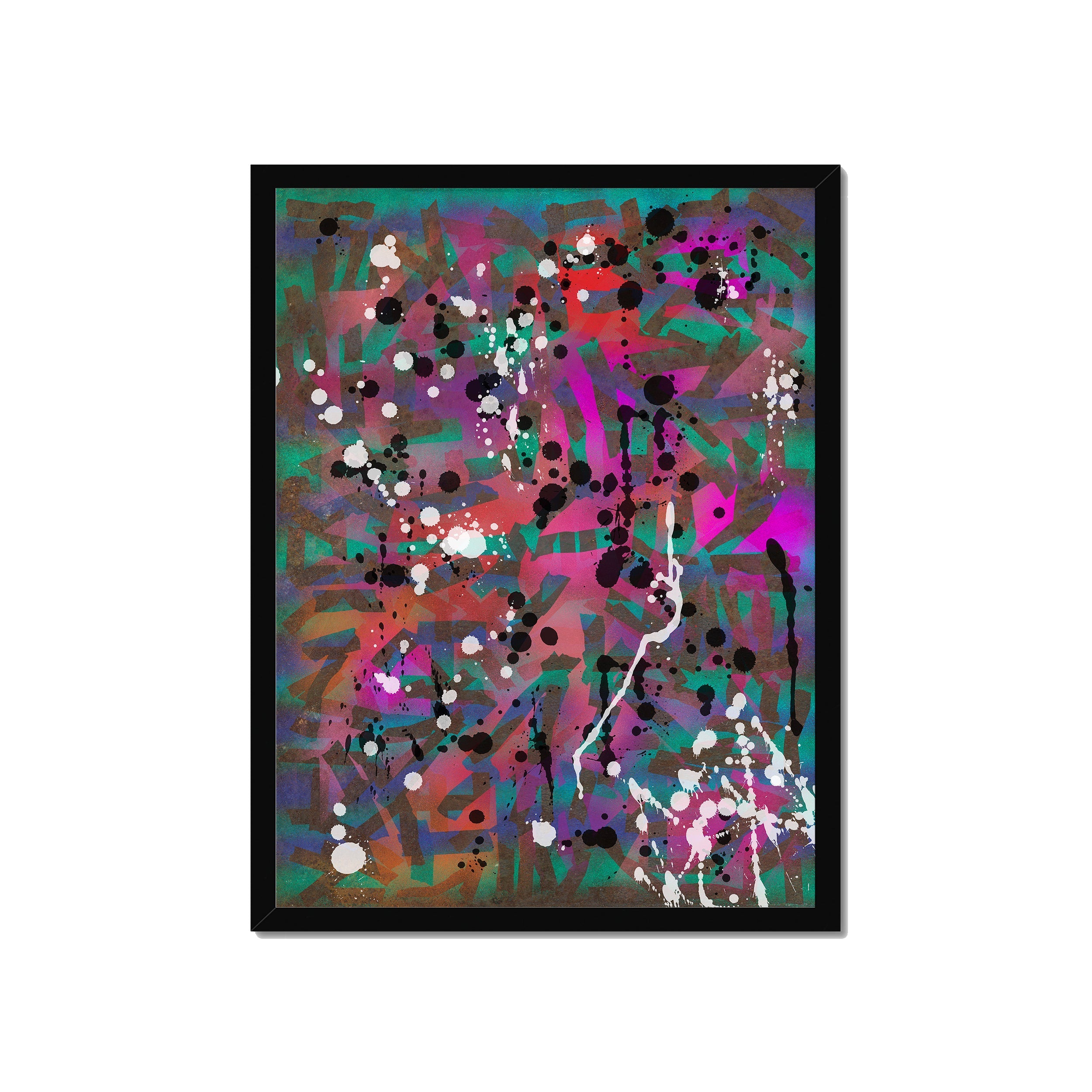 Broken Beat 01 – 45×60 cm fine art print in black box frame (18×24"). Layered abstract composition. Hahnemühle German Etching 310gsm. Ready to hang.