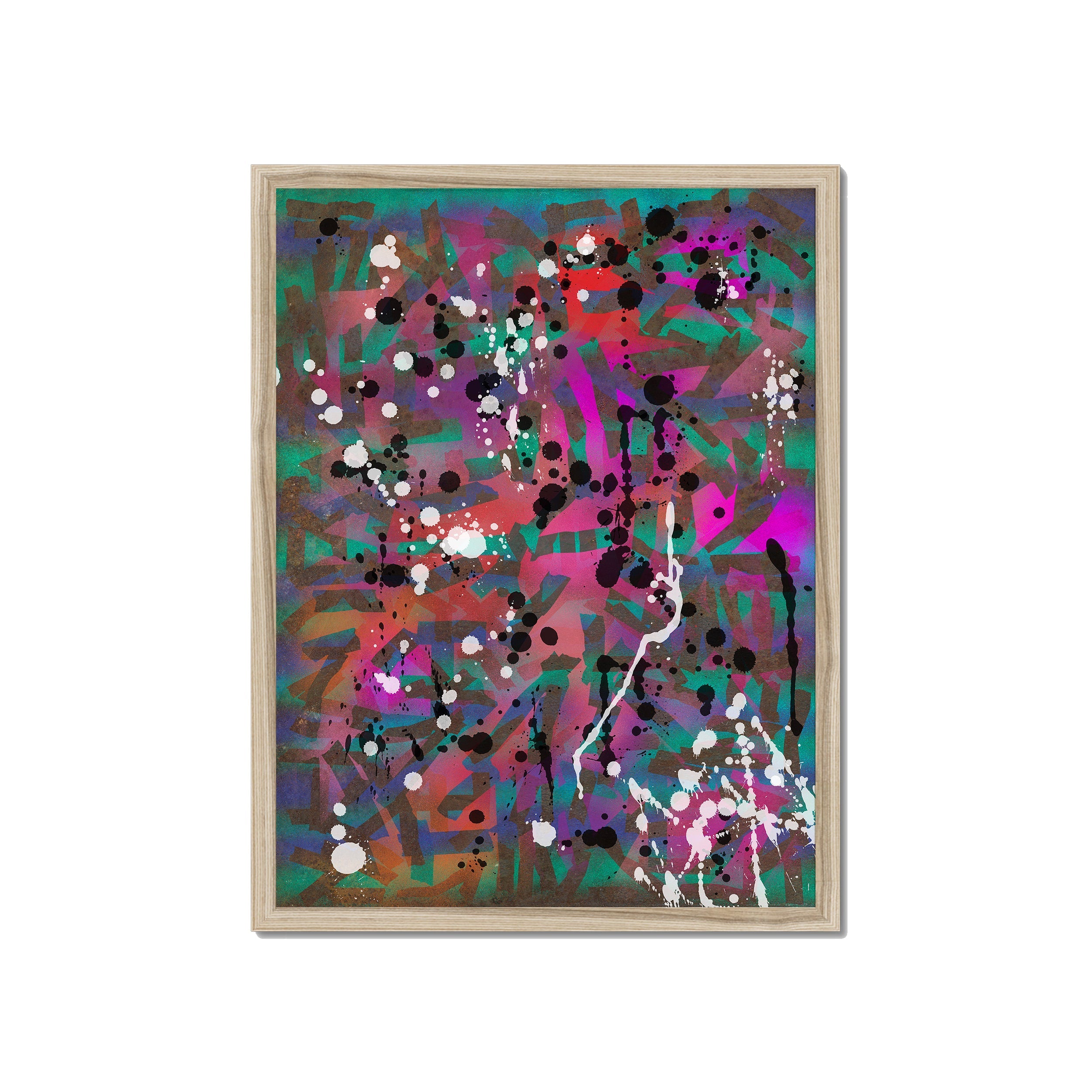 Broken Beat 01 – 45×60 cm fine art print in natural wood box frame (18×24"). Layered abstract composition. Hahnemühle German Etching 310gsm. Ready to hang.