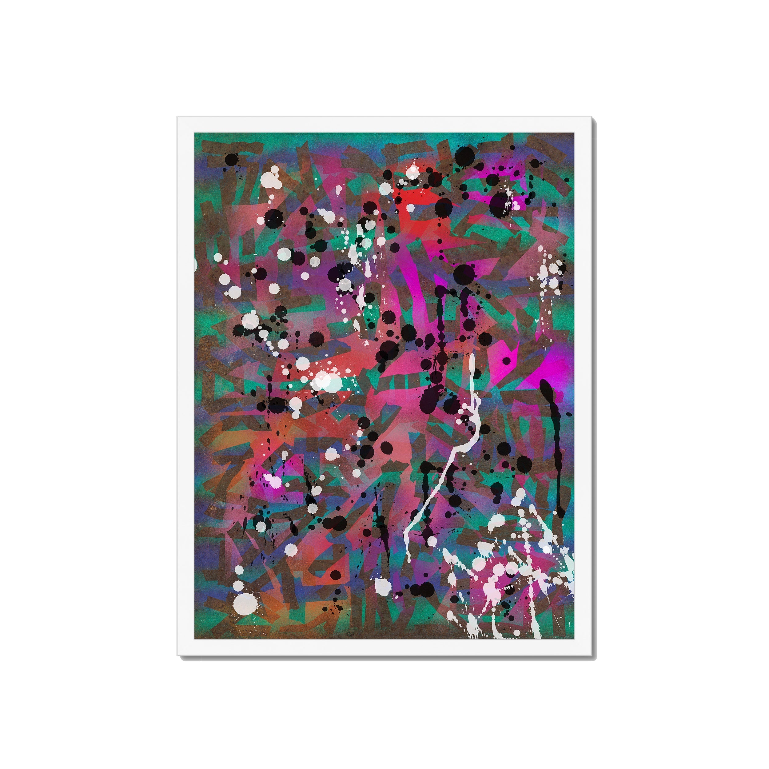 Broken Beat 01 – 45×60 cm fine art print in white box frame (18×24"). Layered abstract composition. Hahnemühle German Etching 310gsm. Ready to hang.