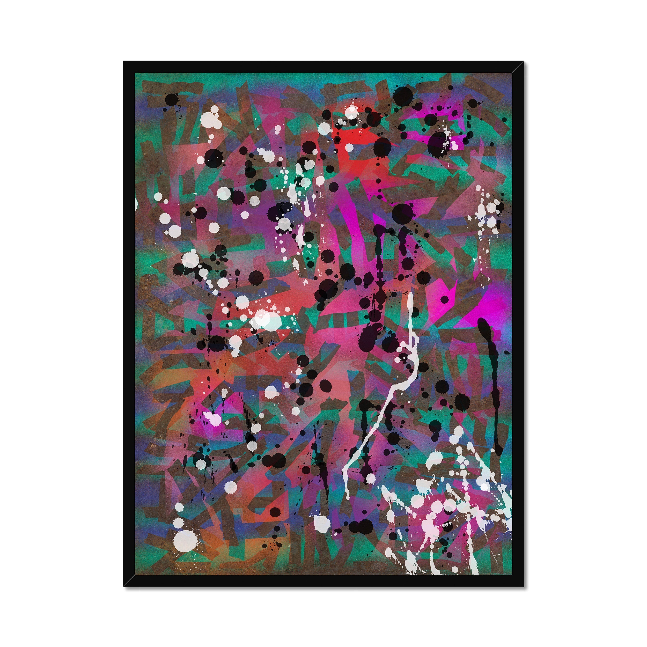 Broken Beat 01 – 60×80 cm fine art print in black box frame (24×32"). Layered abstract composition. Hahnemühle German Etching 310gsm. Ready to hang.