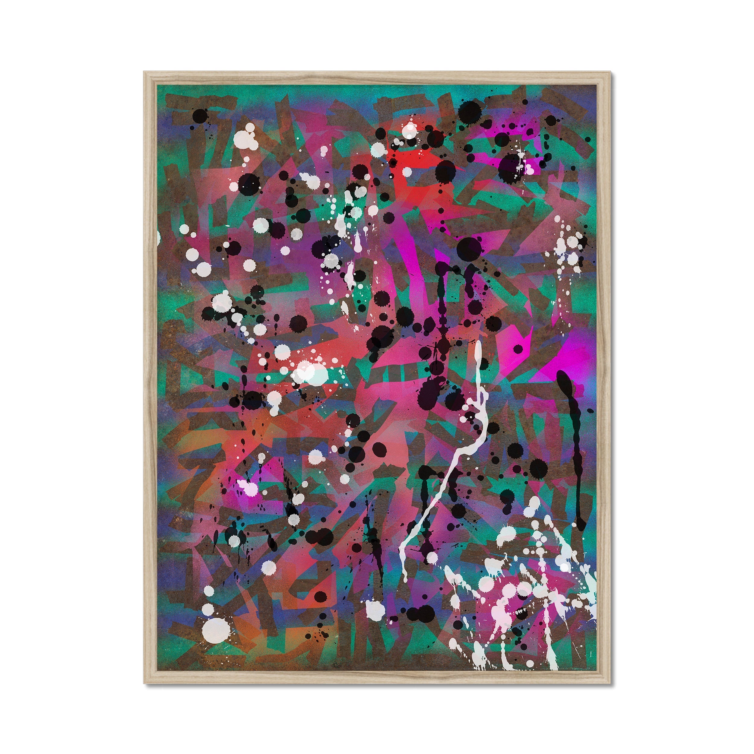 Broken Beat 01 – 60×80 cm fine art print in natural wood box frame (24×32"). Layered abstract composition. Hahnemühle German Etching 310gsm. Ready to hang.