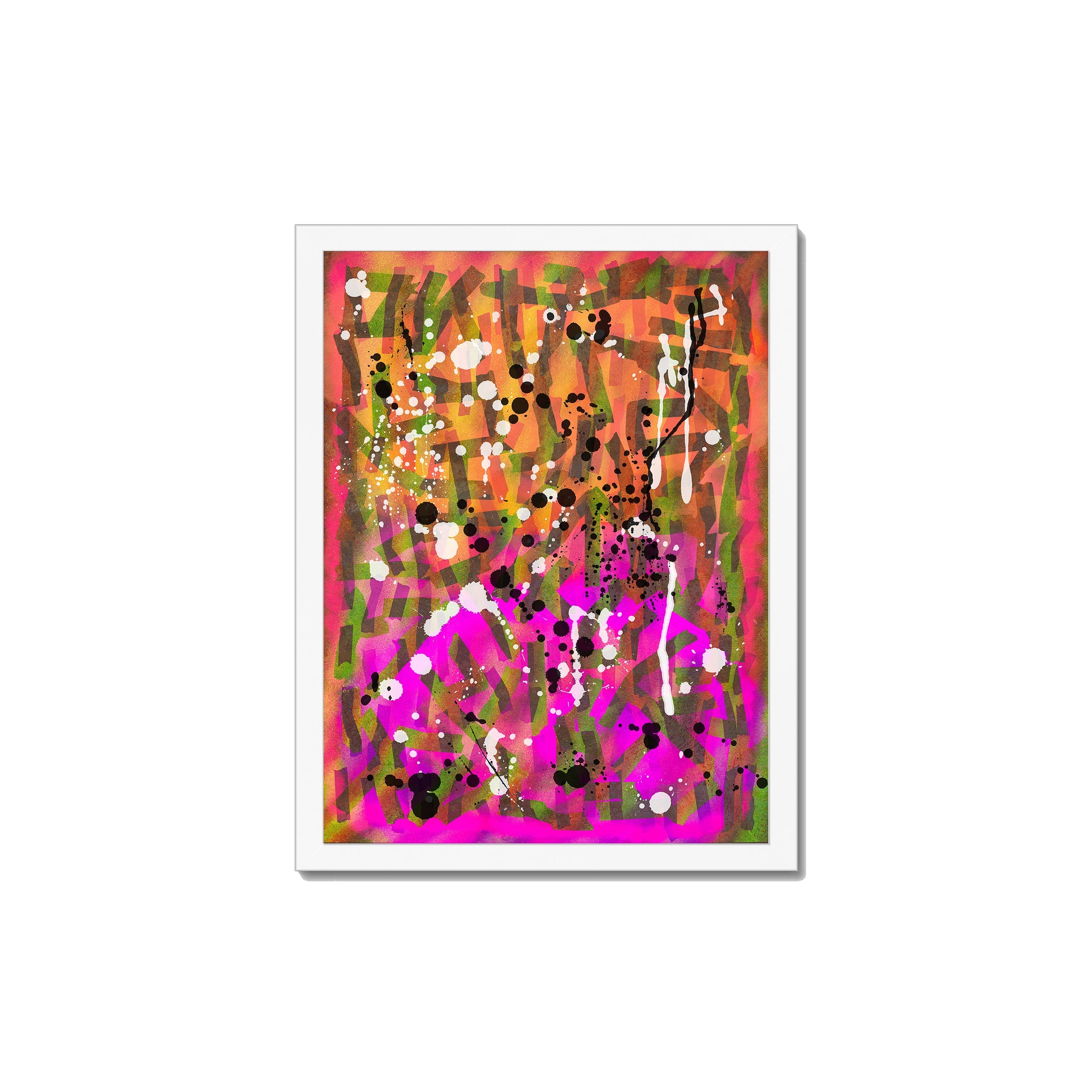 Broken Beat 02 – 30×40 cm fine art print in white box frame (12×16"). Layered abstract composition. Hahnemühle German Etching 310gsm. Ready to hang.