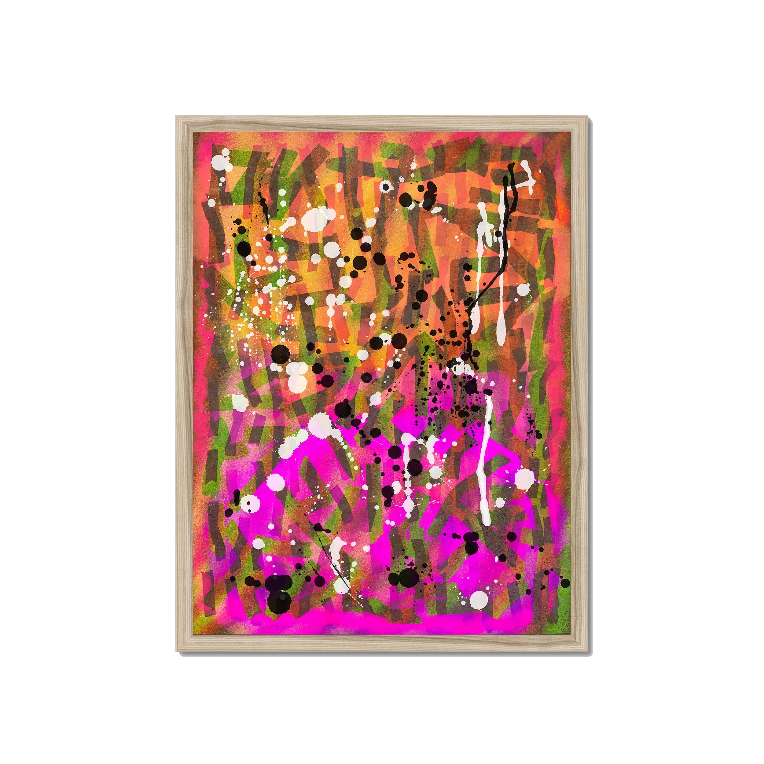 Broken Beat 02 – 45×60 cm fine art print in natural wood box frame (18×24"). Layered abstract composition. Hahnemühle German Etching 310gsm. Ready to hang.