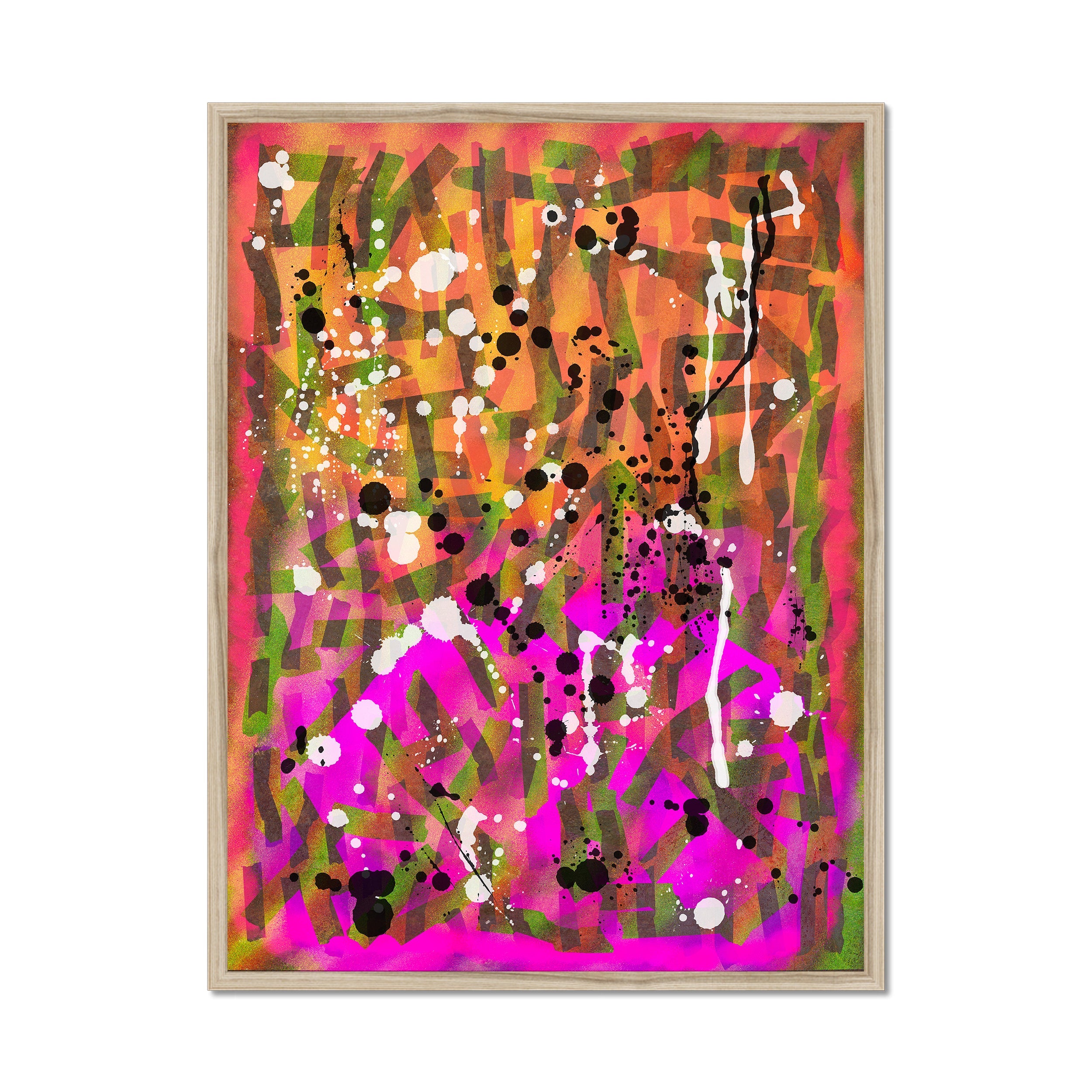 Broken Beat 02 – 60×80 cm fine art print in natural wood box frame (24×32"). Layered abstract composition. Hahnemühle German Etching 310gsm. Ready to hang.