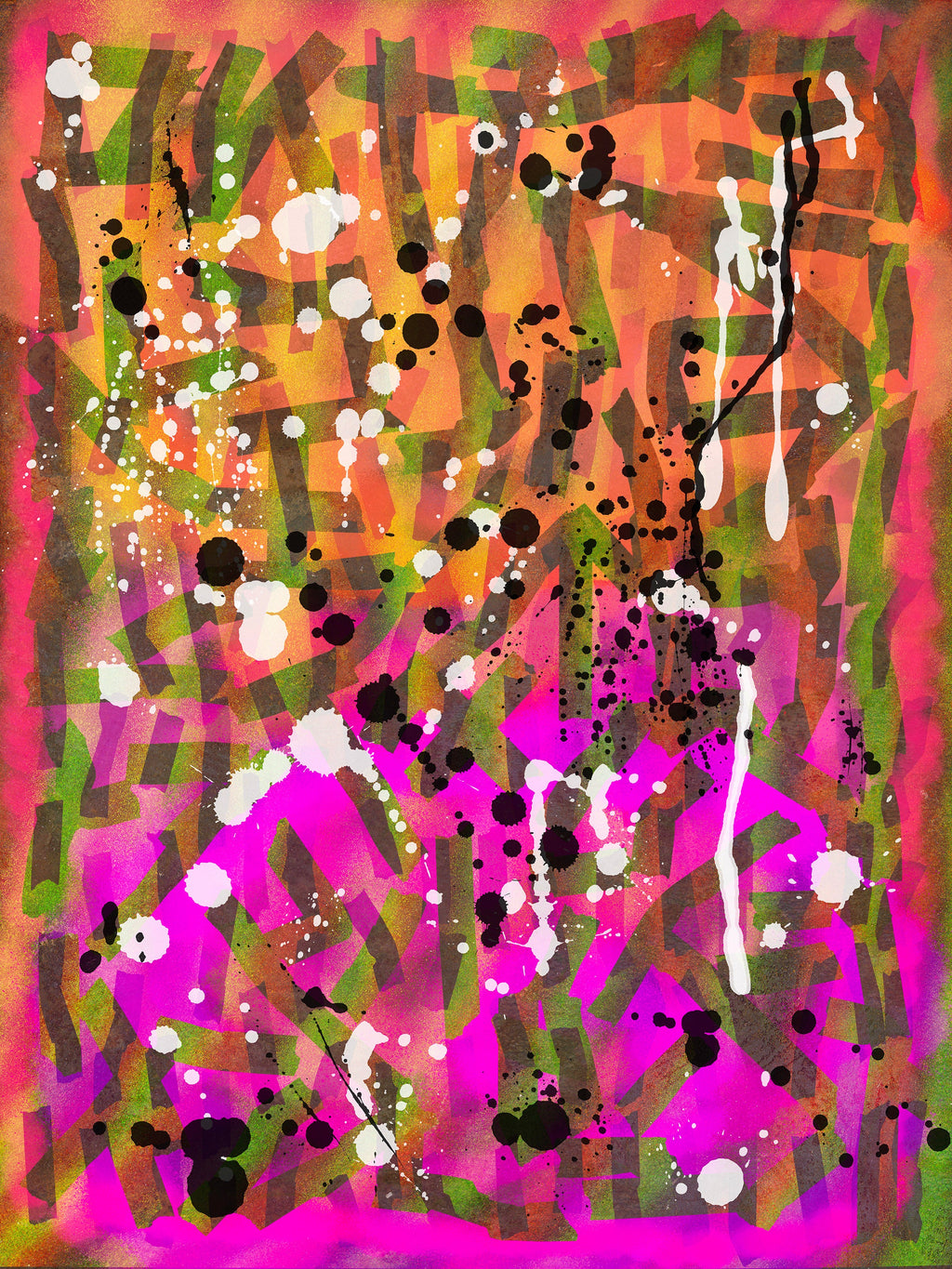Broken Beat 02 – layered abstract composition with gestural marks and sprayed colour fields. Museum-grade giclée print on Hahnemühle German Etching 310gsm archival paper. Available in 30×40, 45×60, and 60×80 cm.