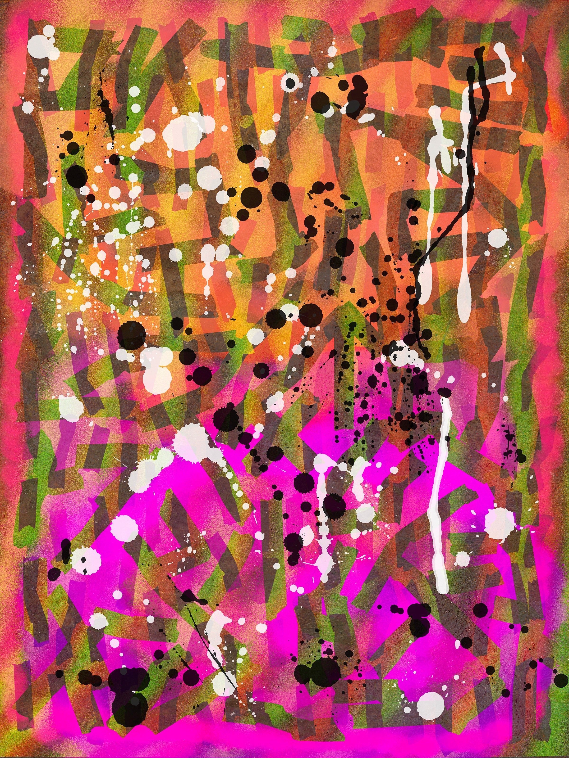Broken Beat 02 – layered abstract composition with gestural marks and sprayed colour fields. Museum-grade giclée print on Hahnemühle German Etching 310gsm archival paper. Available in 30×40, 45×60, and 60×80 cm.