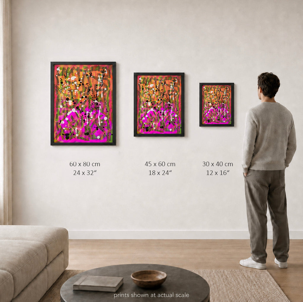 Broken Beat 02 – print sizes shown at actual scale in a contemporary interior. 60×80 cm / 24×32", 45×60 cm / 18×24", 30×40 cm / 12×16".