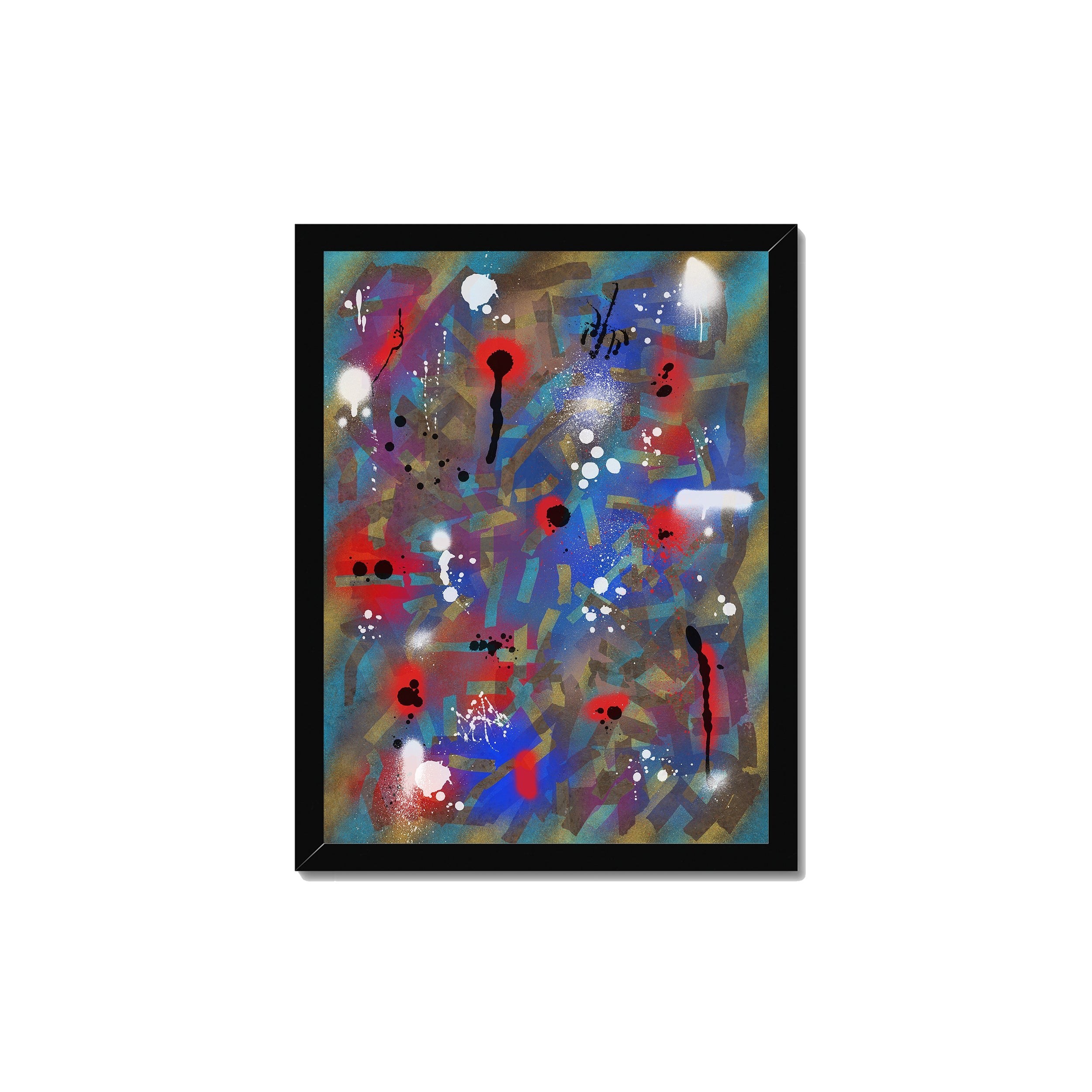 Broken Beat 03 – 30×40 cm fine art print in black box frame (12×16"). Layered abstract composition. Hahnemühle German Etching 310gsm. Ready to hang.