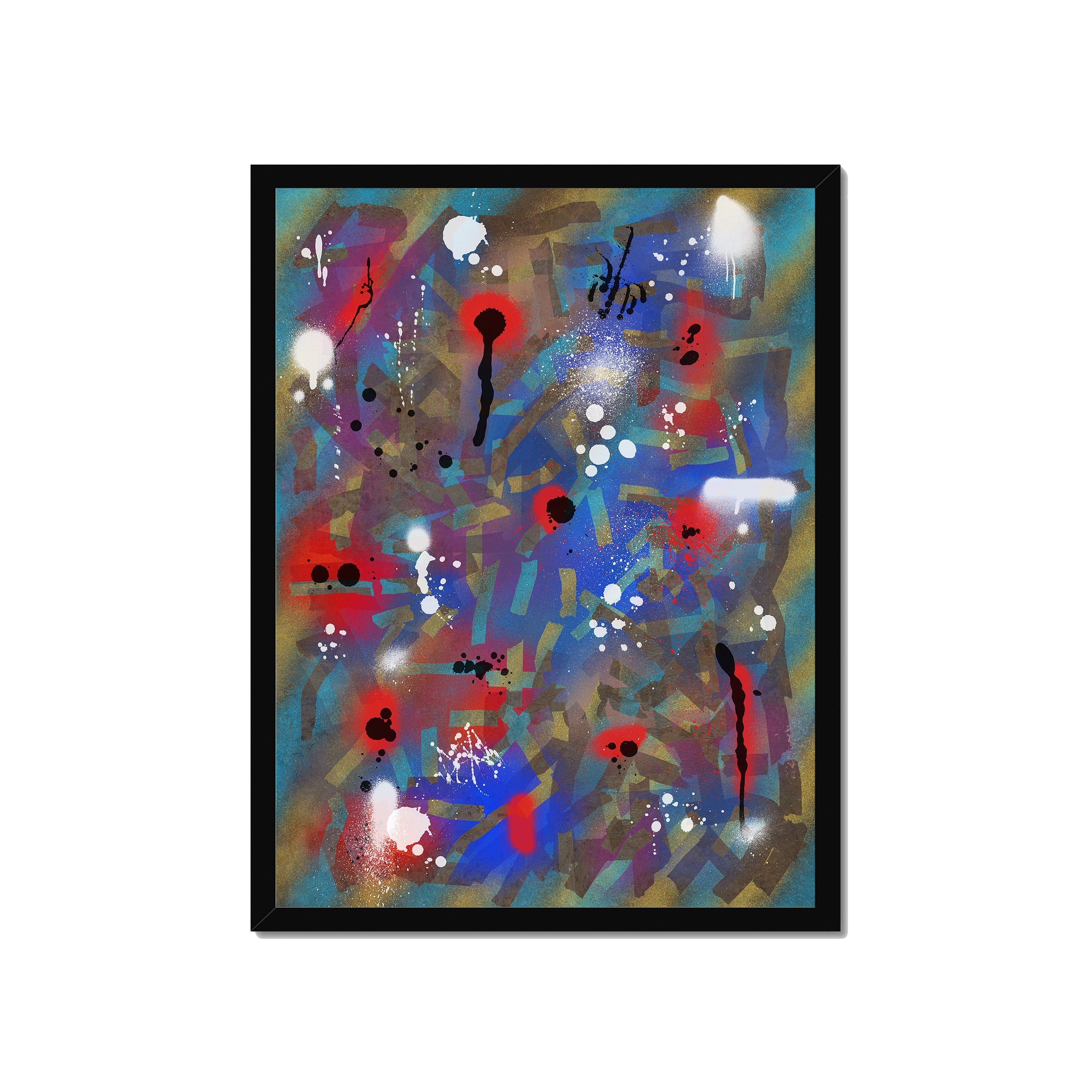 Broken Beat 03 – 45×60 cm fine art print in black box frame (18×24"). Layered abstract composition. Hahnemühle German Etching 310gsm. Ready to hang.