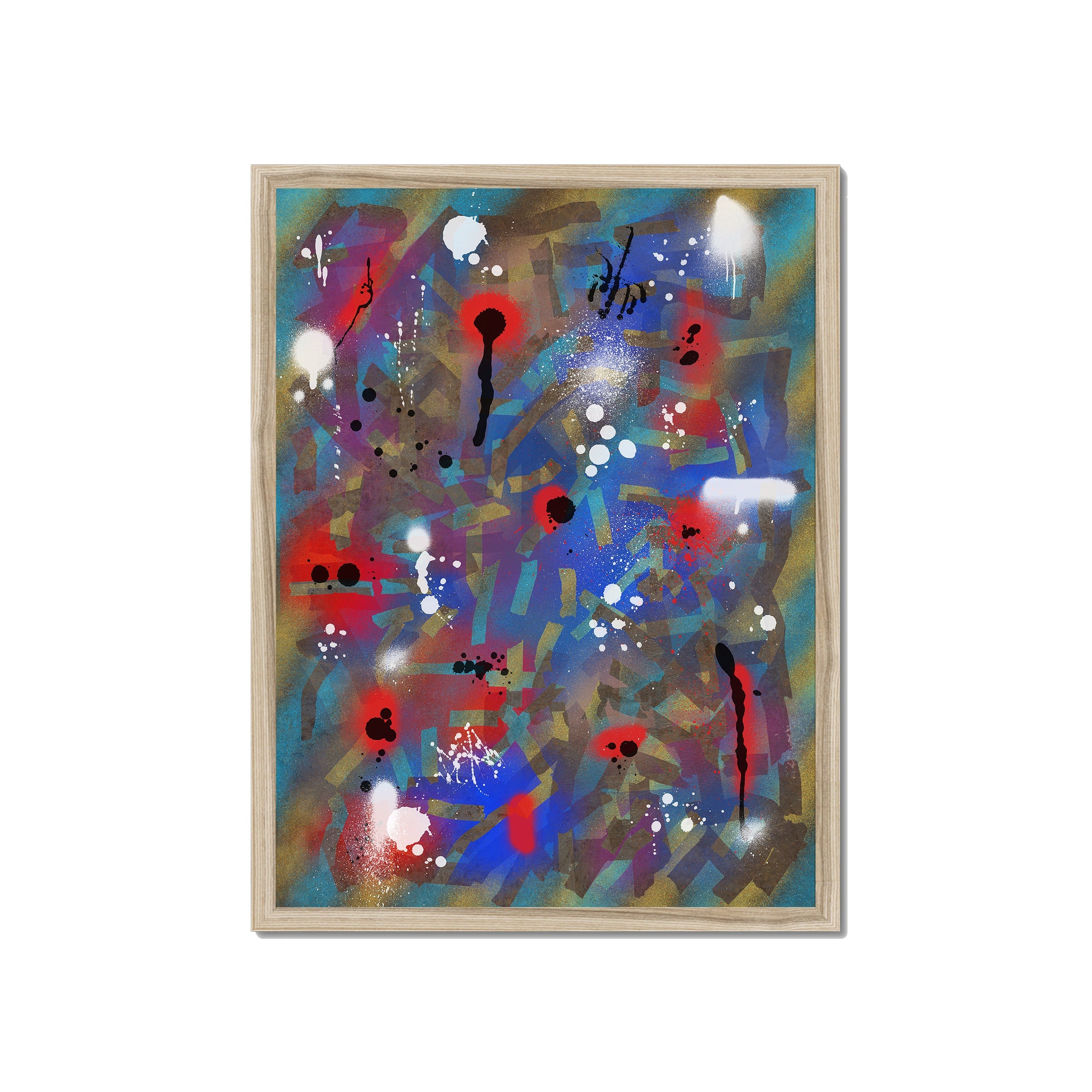 Broken Beat 03 – 45×60 cm fine art print in natural wood box frame (18×24"). Layered abstract composition. Hahnemühle German Etching 310gsm. Ready to hang.