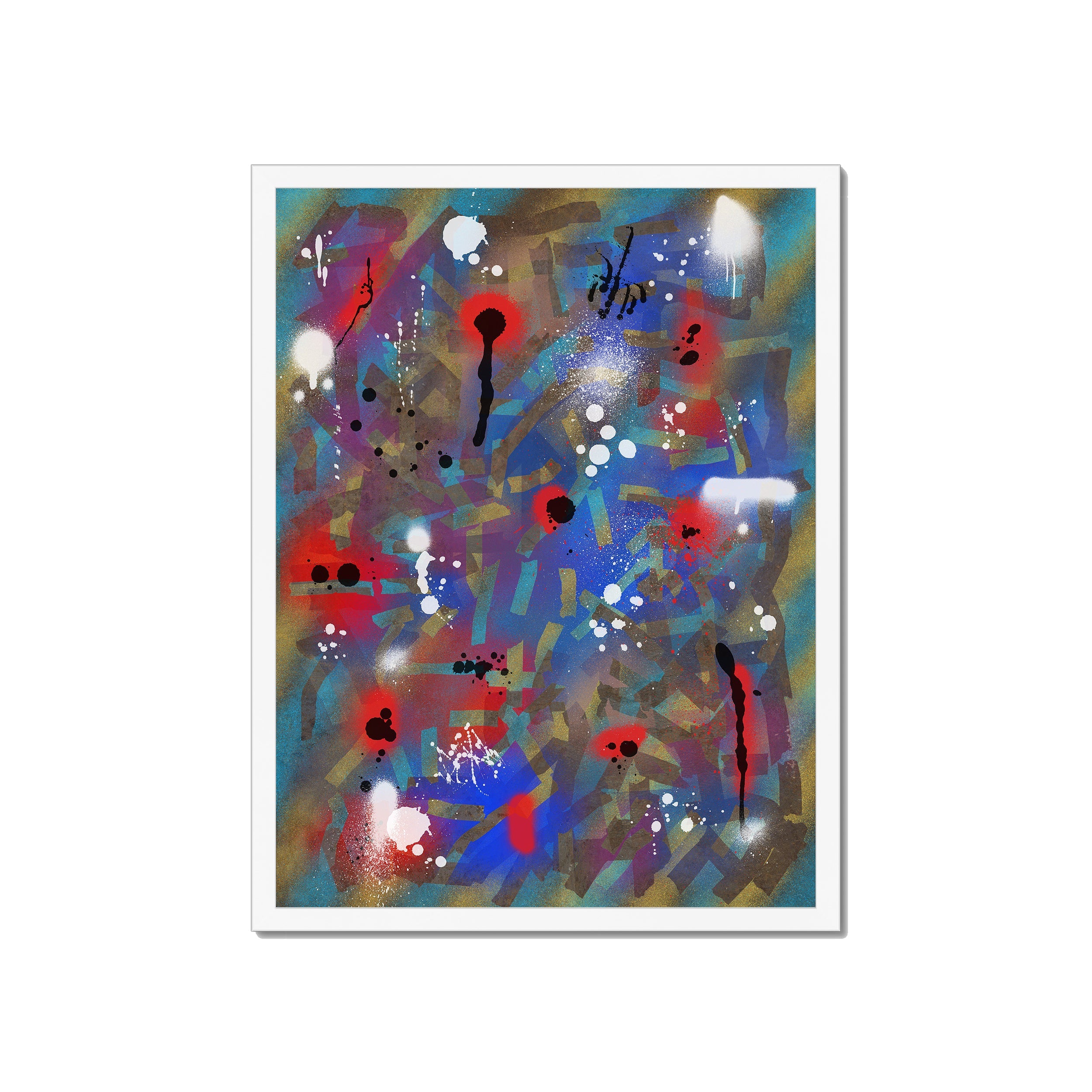 Broken Beat 03 – 45×60 cm fine art print in white box frame (18×24"). Layered abstract composition. Hahnemühle German Etching 310gsm. Ready to hang.