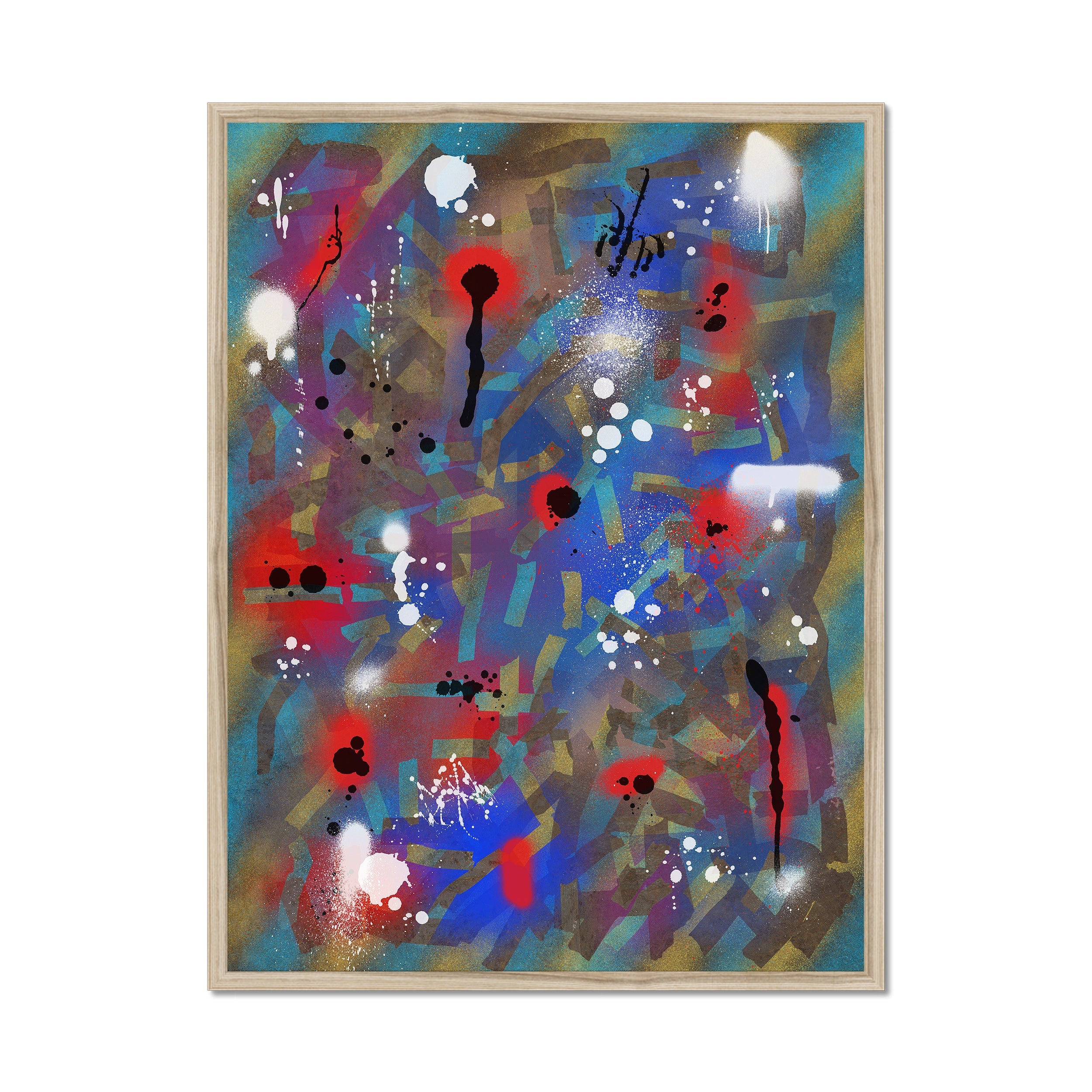 Broken Beat 03 – 60×80 cm fine art print in natural wood box frame (24×32"). Layered abstract composition. Hahnemühle German Etching 310gsm. Ready to hang.