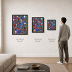 Broken Beat 03 – print sizes shown at actual scale in a contemporary interior. 60×80 cm / 24×32", 45×60 cm / 18×24", 30×40 cm / 12×16".