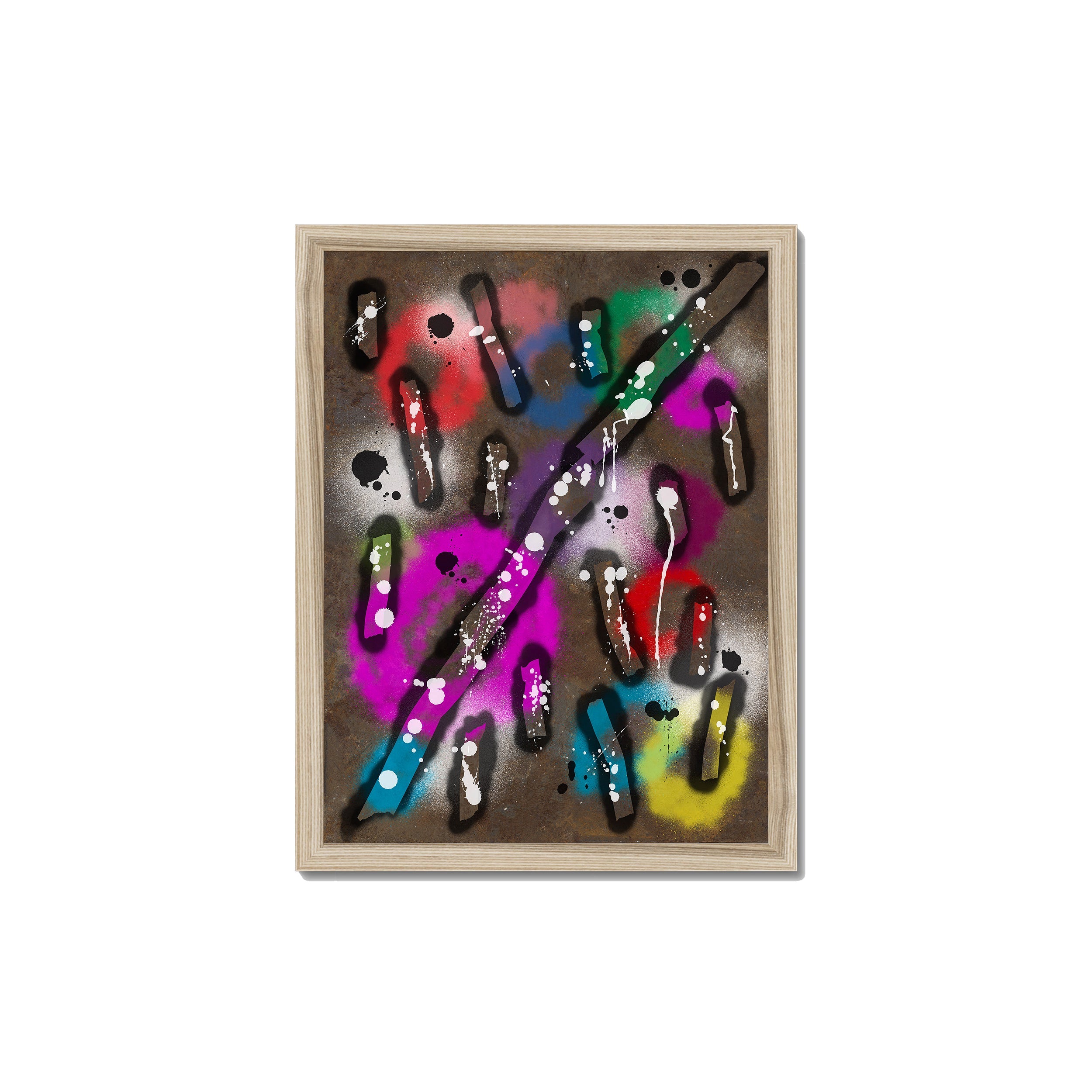 Broken Beat 04 – 30×40 cm fine art print in natural wood box frame (12×16"). Layered abstract composition. Hahnemühle German Etching 310gsm. Ready to hang.