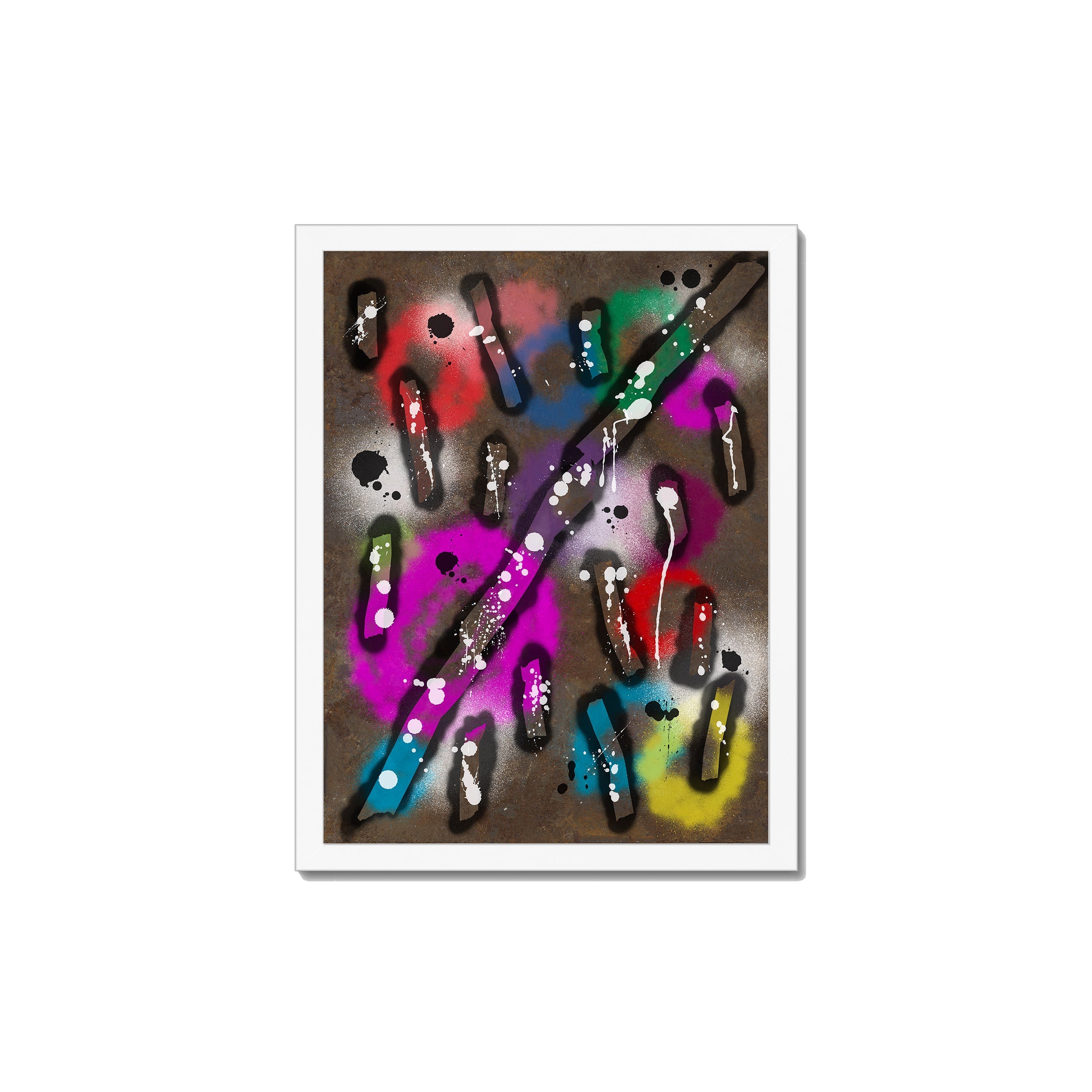 Broken Beat 04 – 30×40 cm fine art print in white box frame (12×16"). Layered abstract composition. Hahnemühle German Etching 310gsm. Ready to hang.
