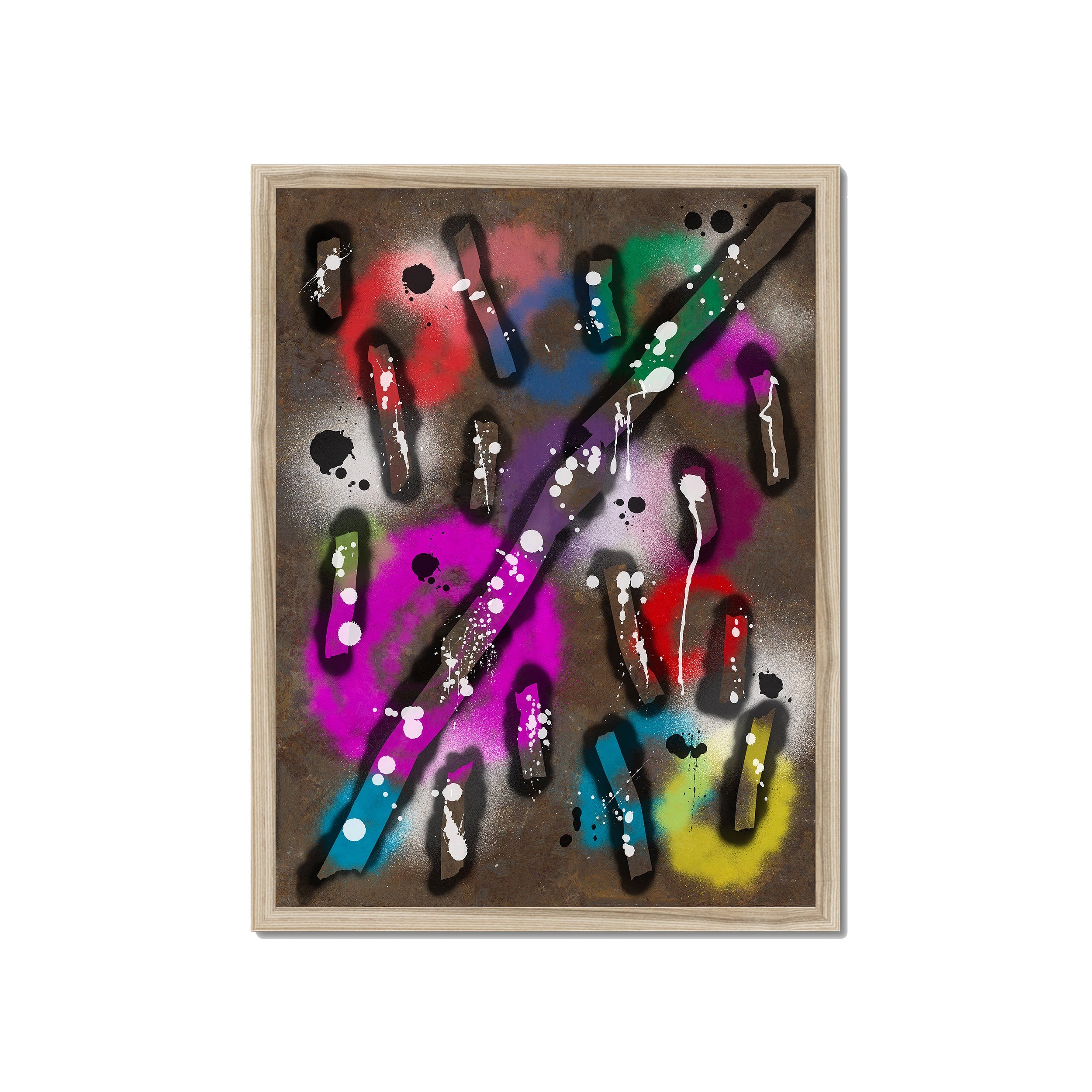 Broken Beat 04 – 45×60 cm fine art print in natural wood box frame (18×24"). Layered abstract composition. Hahnemühle German Etching 310gsm. Ready to hang.