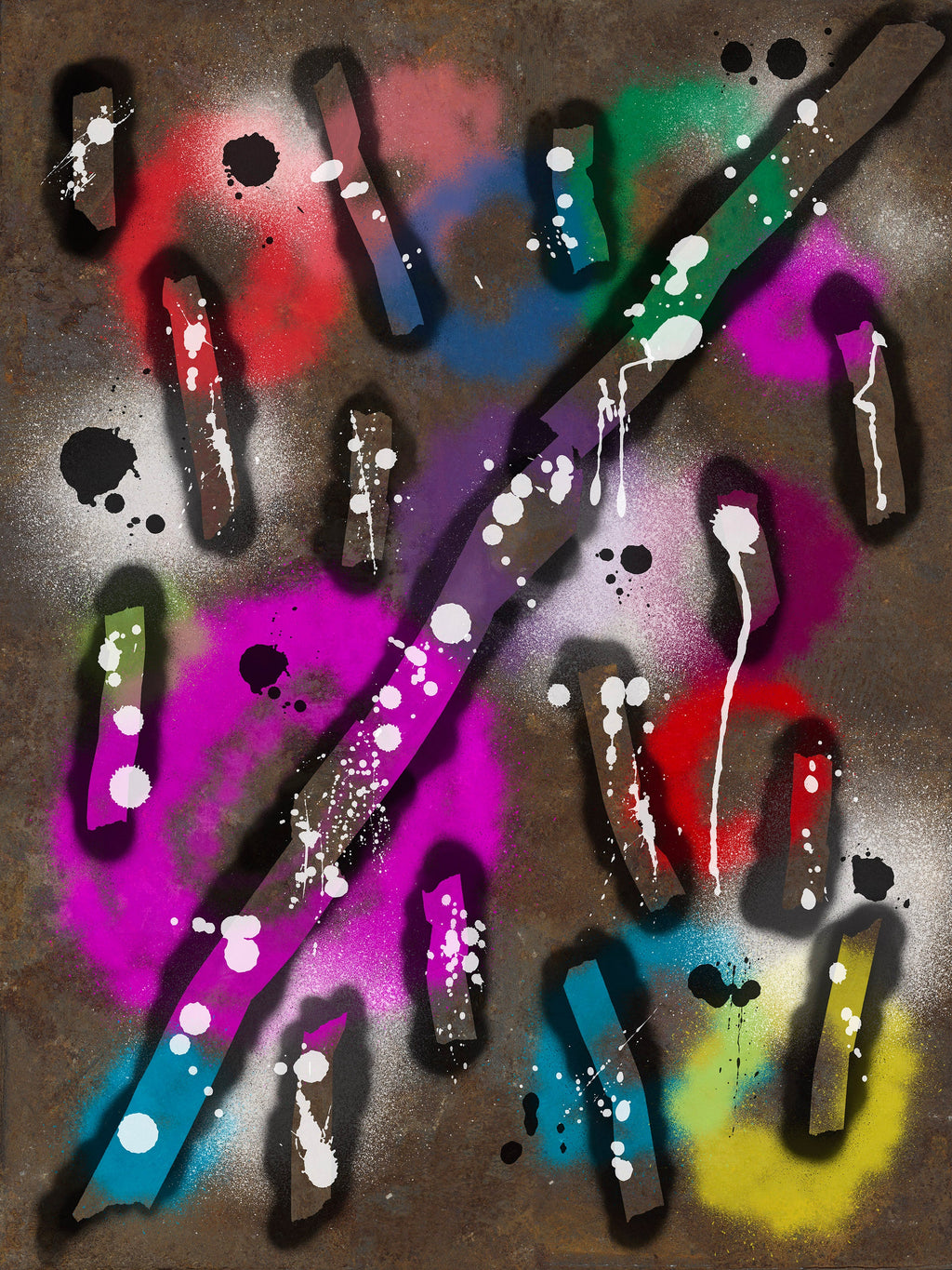 Broken Beat 04 – layered abstract composition with gestural marks and sprayed colour fields. Museum-grade giclée print on Hahnemühle German Etching 310gsm archival paper. Available in 30×40, 45×60, and 60×80 cm.