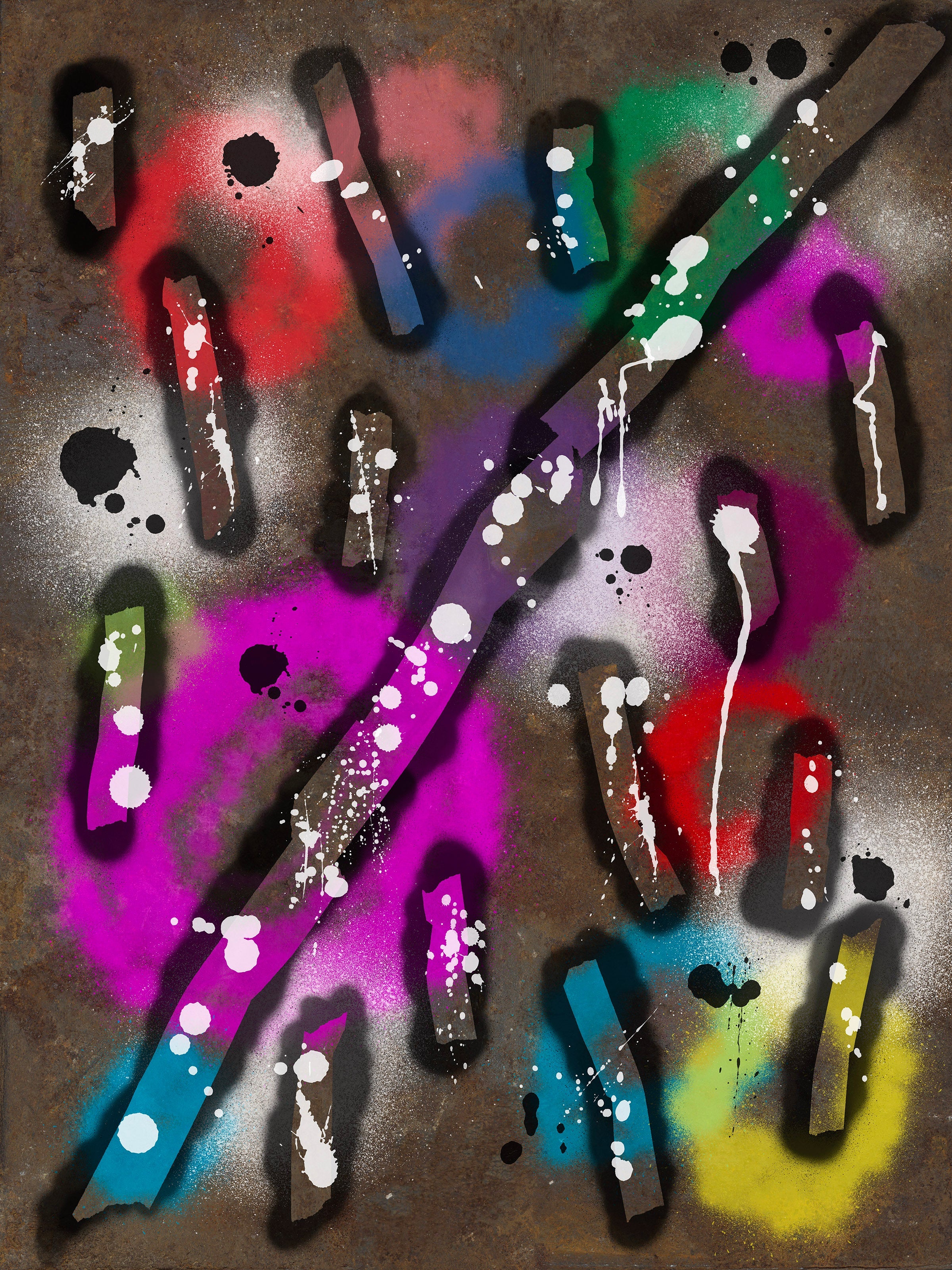 Broken Beat 04 – layered abstract composition with gestural marks and sprayed colour fields. Museum-grade giclée print on Hahnemühle German Etching 310gsm archival paper. Available in 30×40, 45×60, and 60×80 cm.