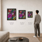 Broken Beat 04 – print sizes shown at actual scale in a contemporary interior. 60×80 cm / 24×32", 45×60 cm / 18×24", 30×40 cm / 12×16".