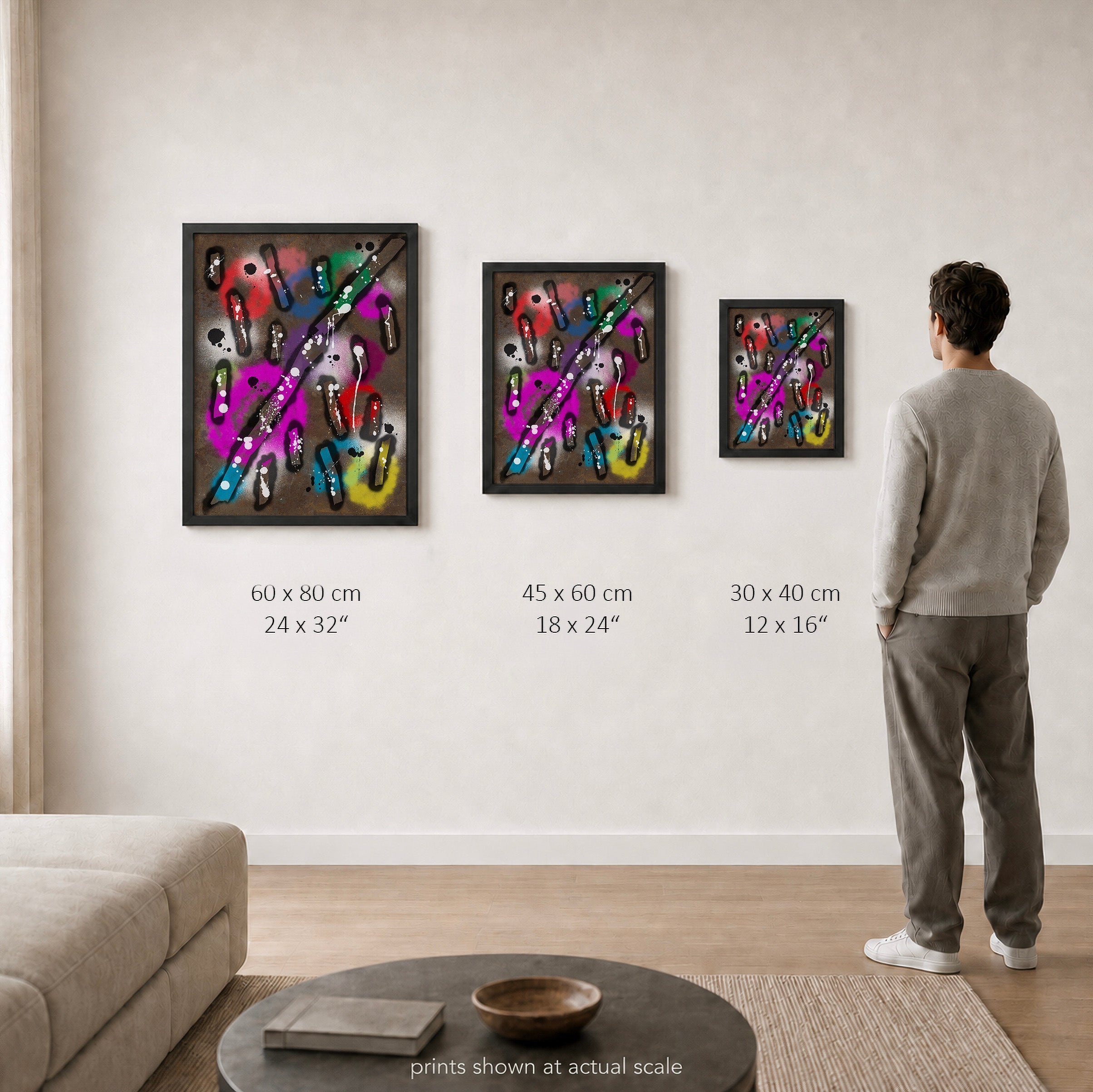 Broken Beat 04 – print sizes shown at actual scale in a contemporary interior. 60×80 cm / 24×32", 45×60 cm / 18×24", 30×40 cm / 12×16".