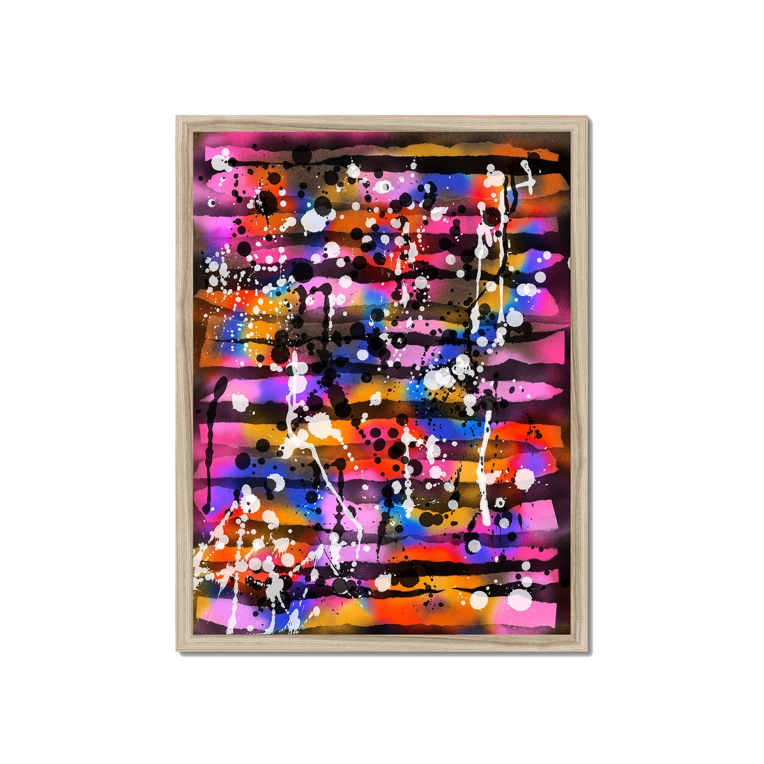 Broken Beat 05 – 45×60 cm fine art print in natural wood box frame (18×24"). Layered abstract composition. Hahnemühle German Etching 310gsm. Ready to hang.