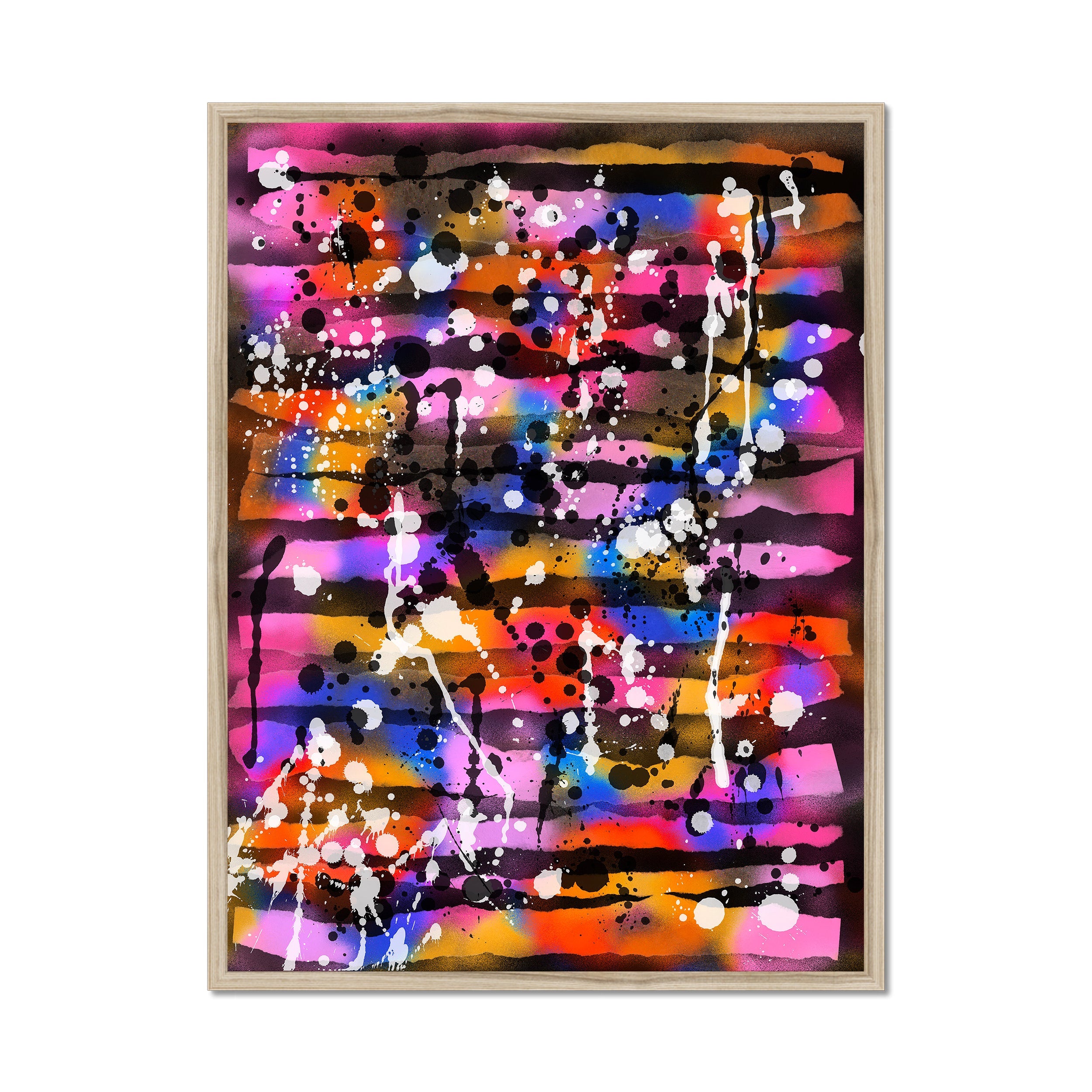 Broken Beat 05 – 60×80 cm fine art print in natural wood box frame (24×32"). Layered abstract composition. Hahnemühle German Etching 310gsm. Ready to hang.