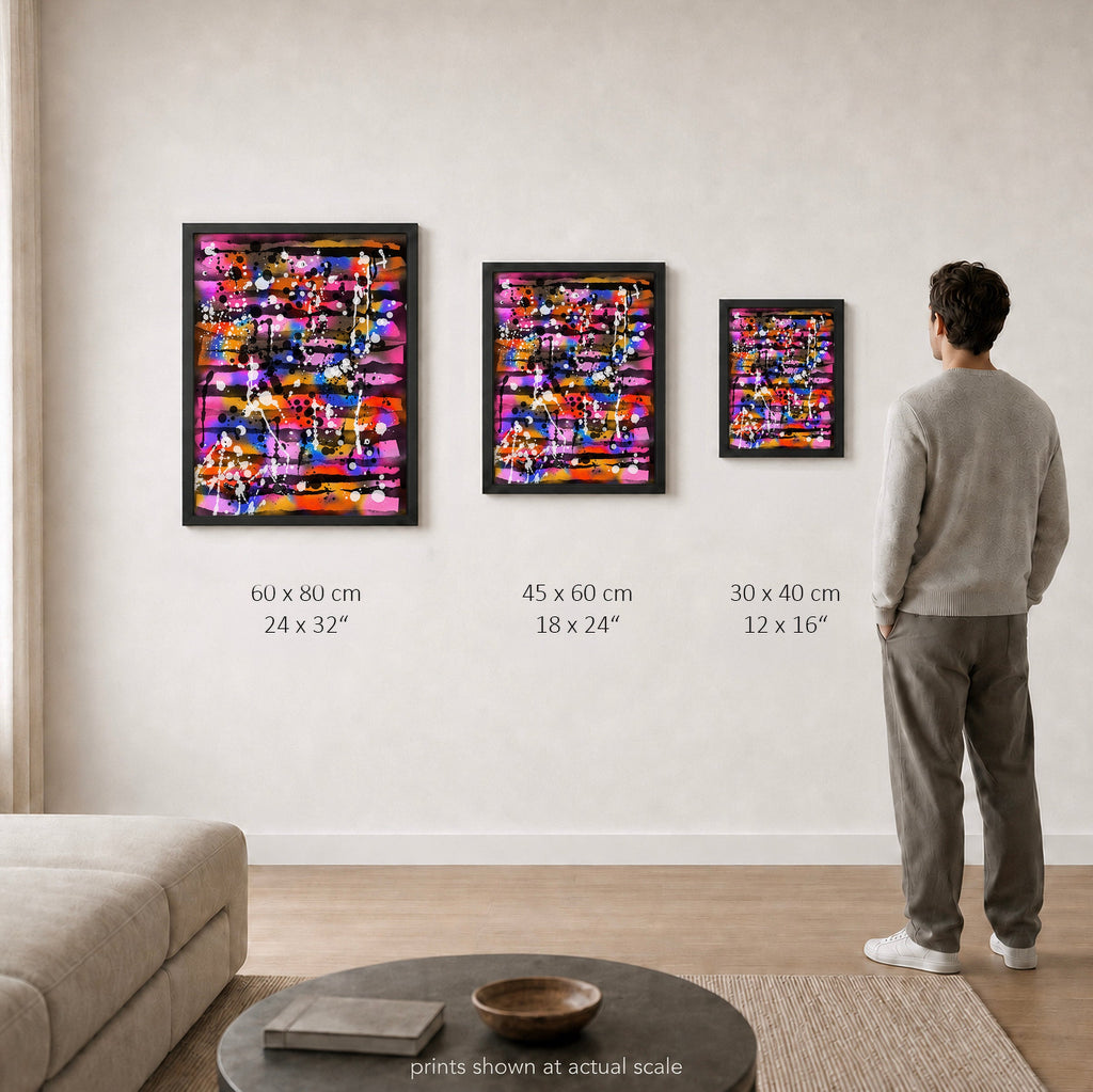 Broken Beat 05 – print sizes shown at actual scale in a contemporary interior. 60×80 cm / 24×32", 45×60 cm / 18×24", 30×40 cm / 12×16".