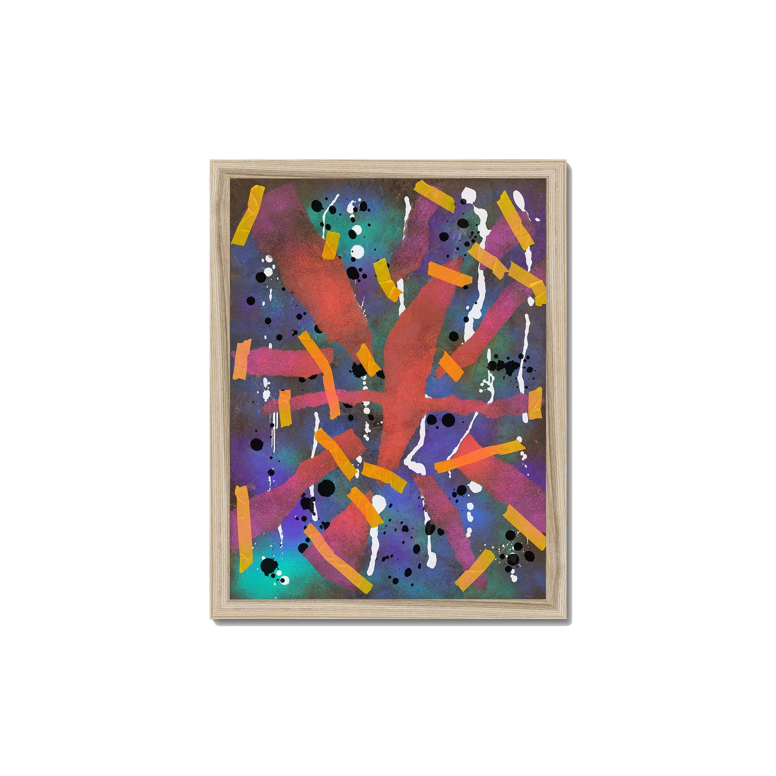 Broken Beat 06 – 30×40 cm fine art print in natural wood box frame (12×16"). Layered abstract composition. Hahnemühle German Etching 310gsm. Ready to hang.
