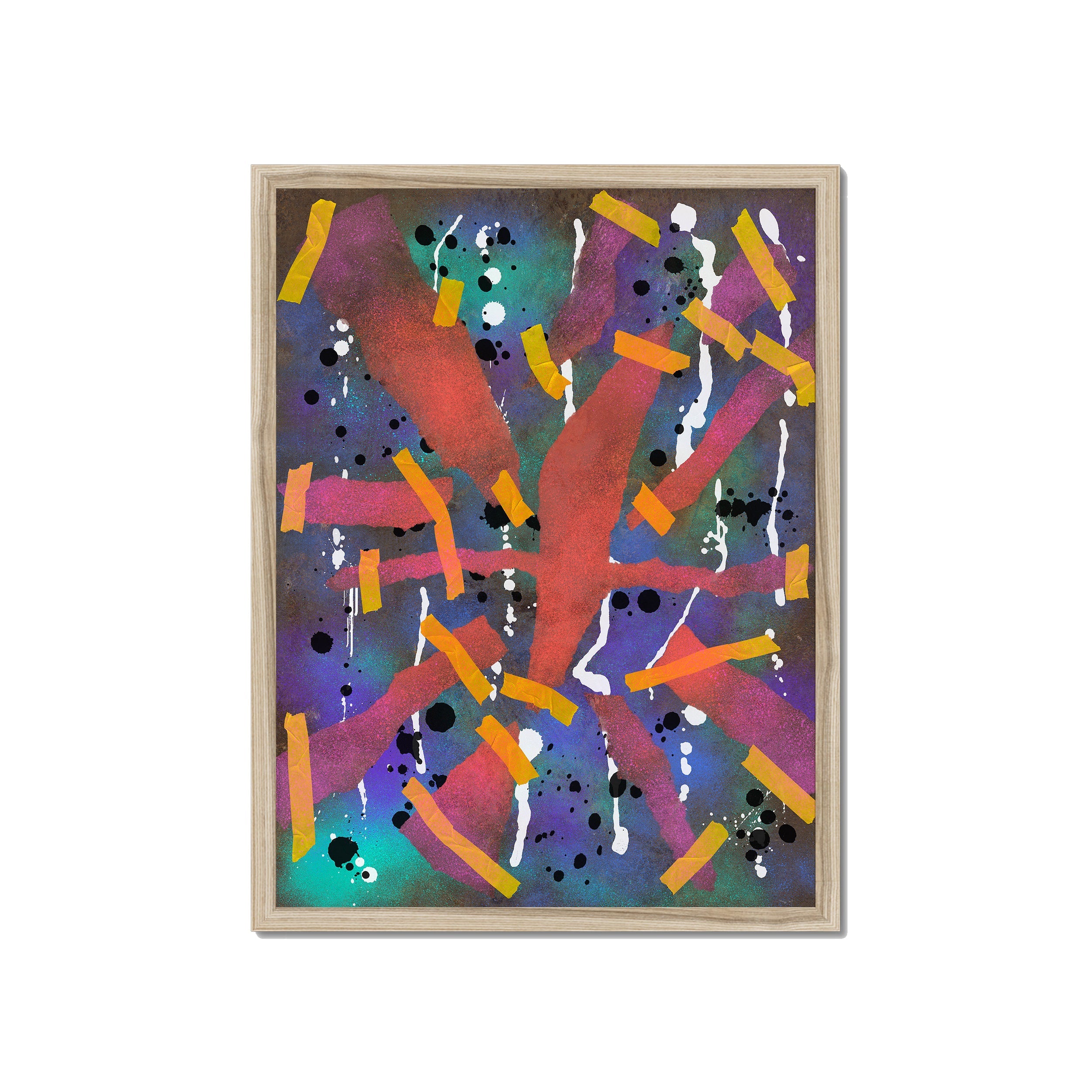 Broken Beat 06 – 45×60 cm fine art print in natural wood box frame (18×24"). Layered abstract composition. Hahnemühle German Etching 310gsm. Ready to hang.