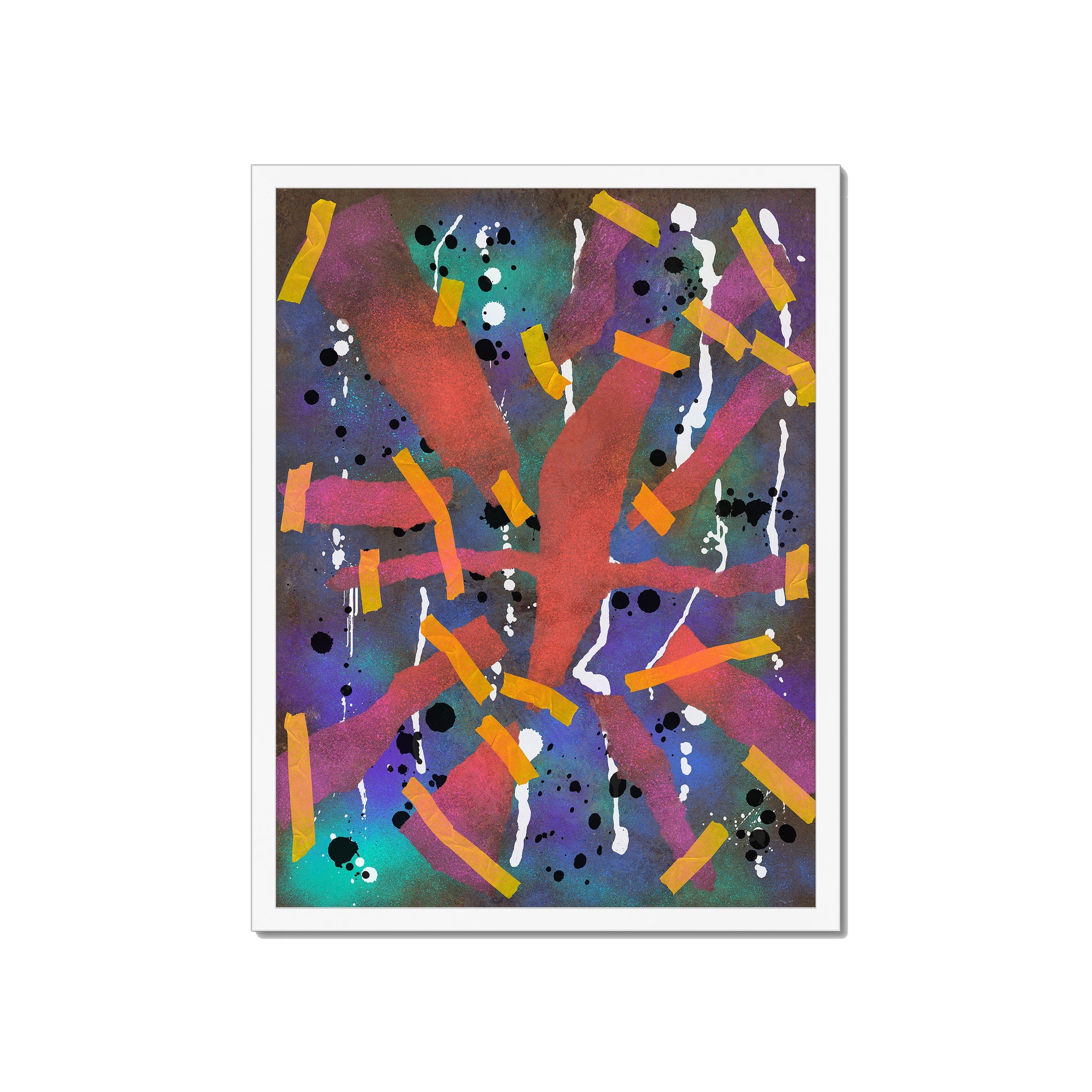 Broken Beat 06 – 45×60 cm fine art print in white box frame (18×24"). Layered abstract composition. Hahnemühle German Etching 310gsm. Ready to hang.