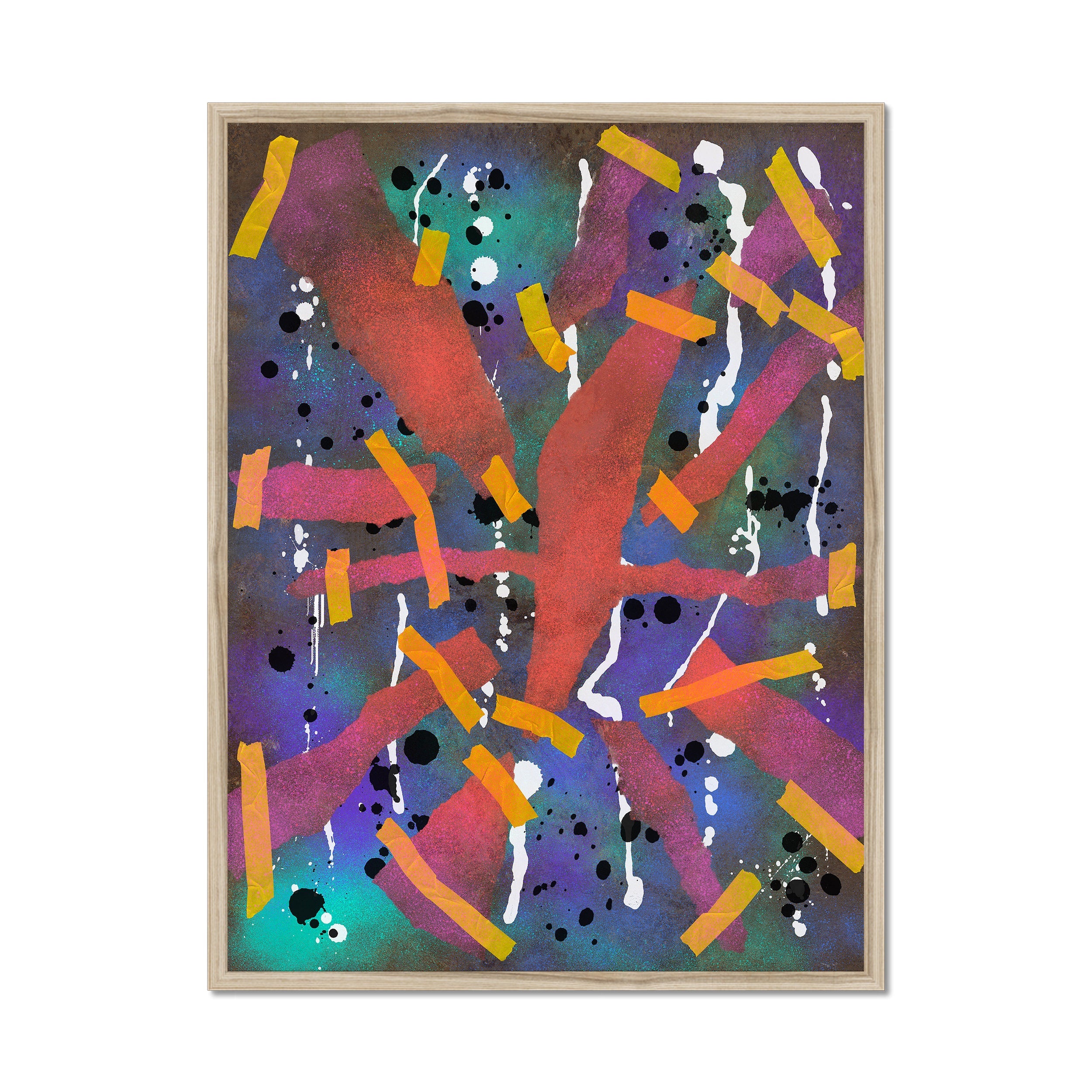 Broken Beat 06 – 60×80 cm fine art print in natural wood box frame (24×32"). Layered abstract composition. Hahnemühle German Etching 310gsm. Ready to hang.