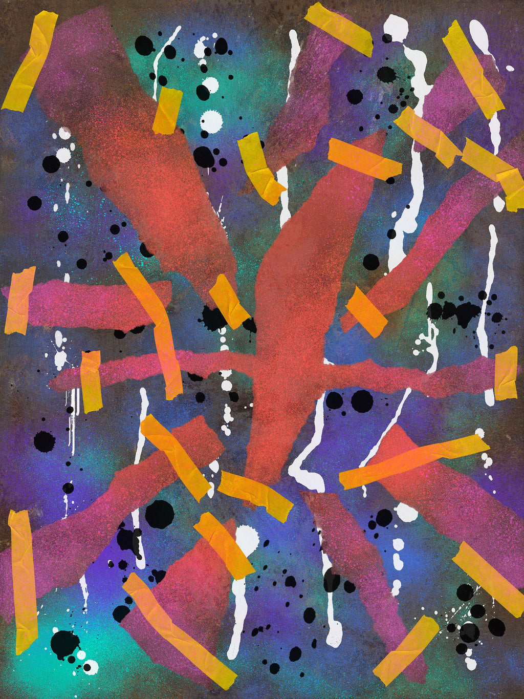 Broken Beat 06 – layered abstract composition with gestural marks and sprayed colour fields. Museum-grade giclée print on Hahnemühle German Etching 310gsm archival paper. Available in 30×40, 45×60, and 60×80 cm.