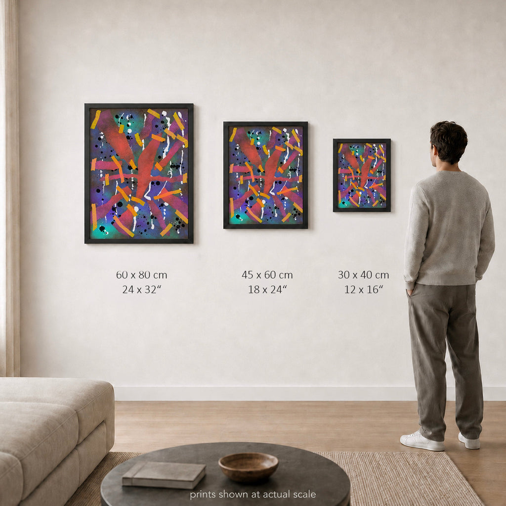 Broken Beat 06 – print sizes shown at actual scale in a contemporary interior. 60×80 cm / 24×32", 45×60 cm / 18×24", 30×40 cm / 12×16".