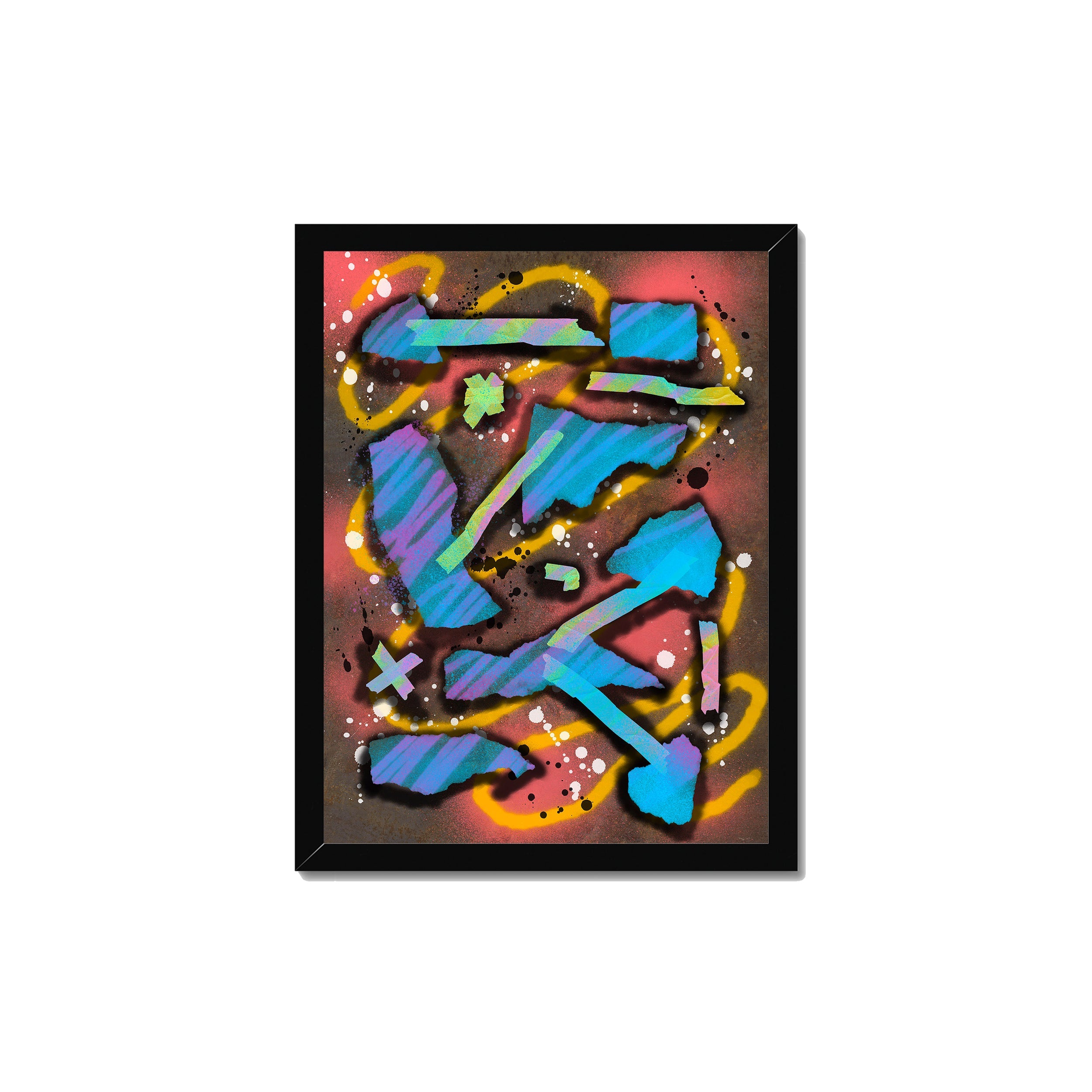 Broken Beat 07 – 30×40 cm fine art print in black box frame (12×16"). Layered abstract composition. Hahnemühle German Etching 310gsm. Ready to hang.