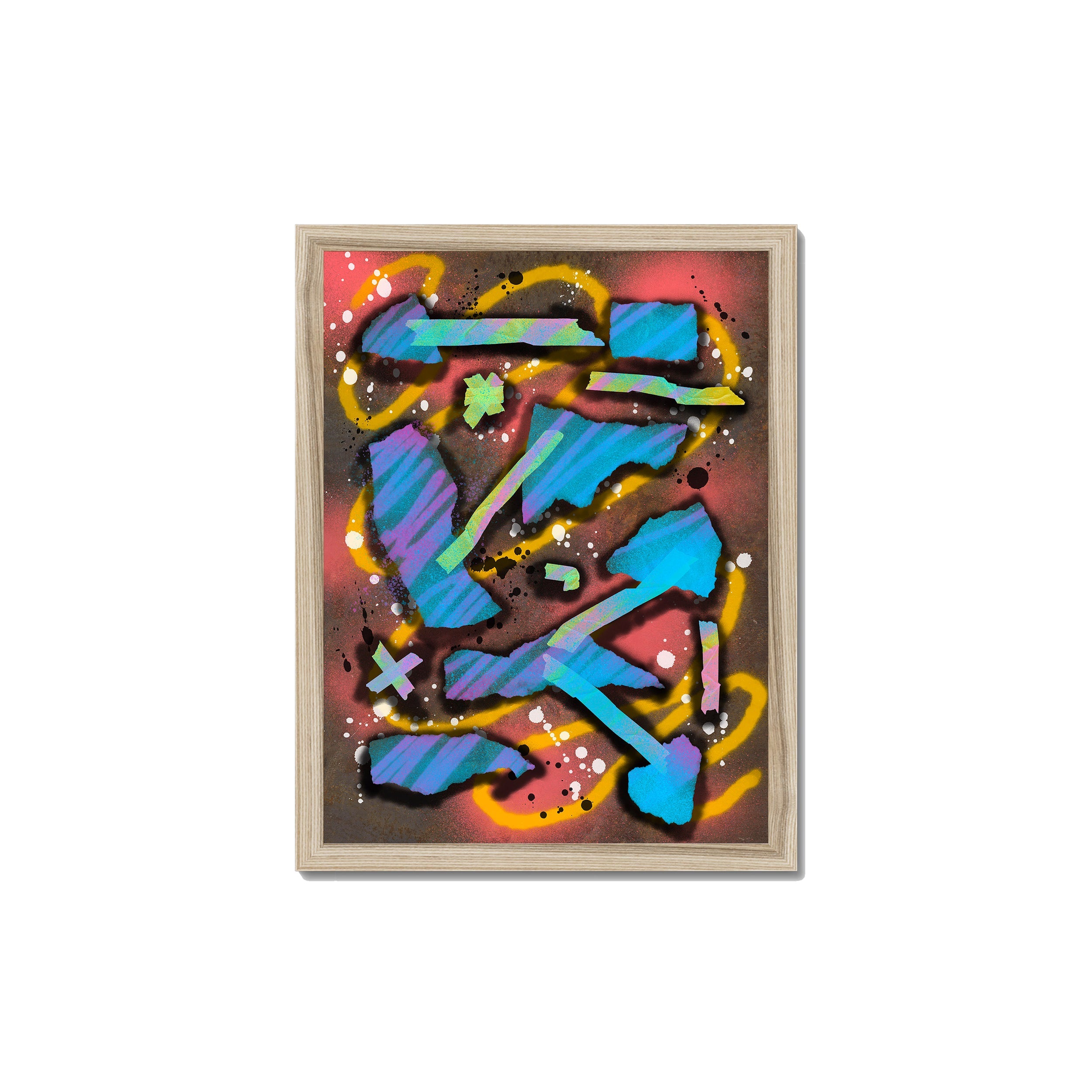 Broken Beat 07 – 30×40 cm fine art print in natural wood box frame (12×16"). Layered abstract composition. Hahnemühle German Etching 310gsm. Ready to hang.