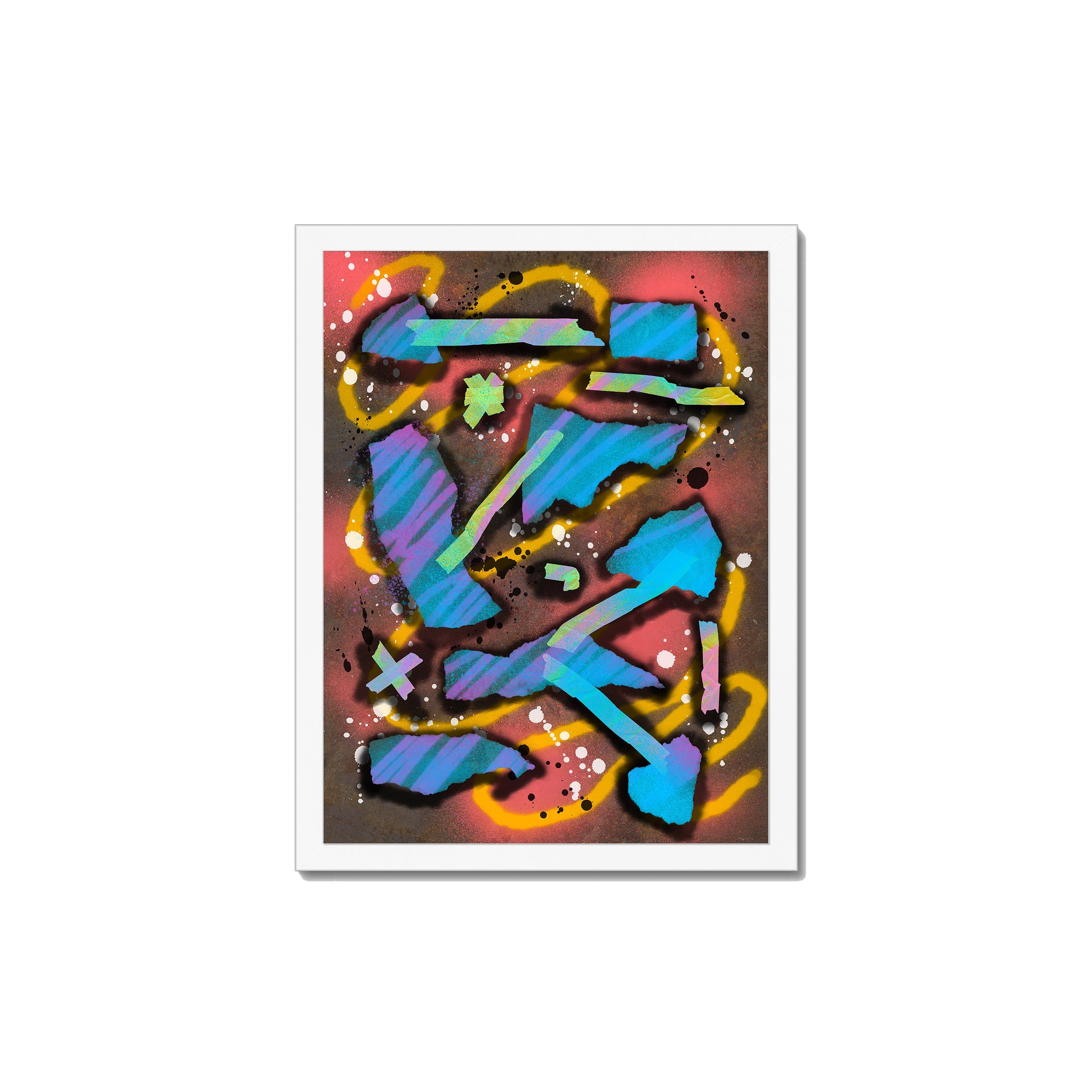 Broken Beat 07 – 30×40 cm fine art print in white box frame (12×16"). Layered abstract composition. Hahnemühle German Etching 310gsm. Ready to hang.