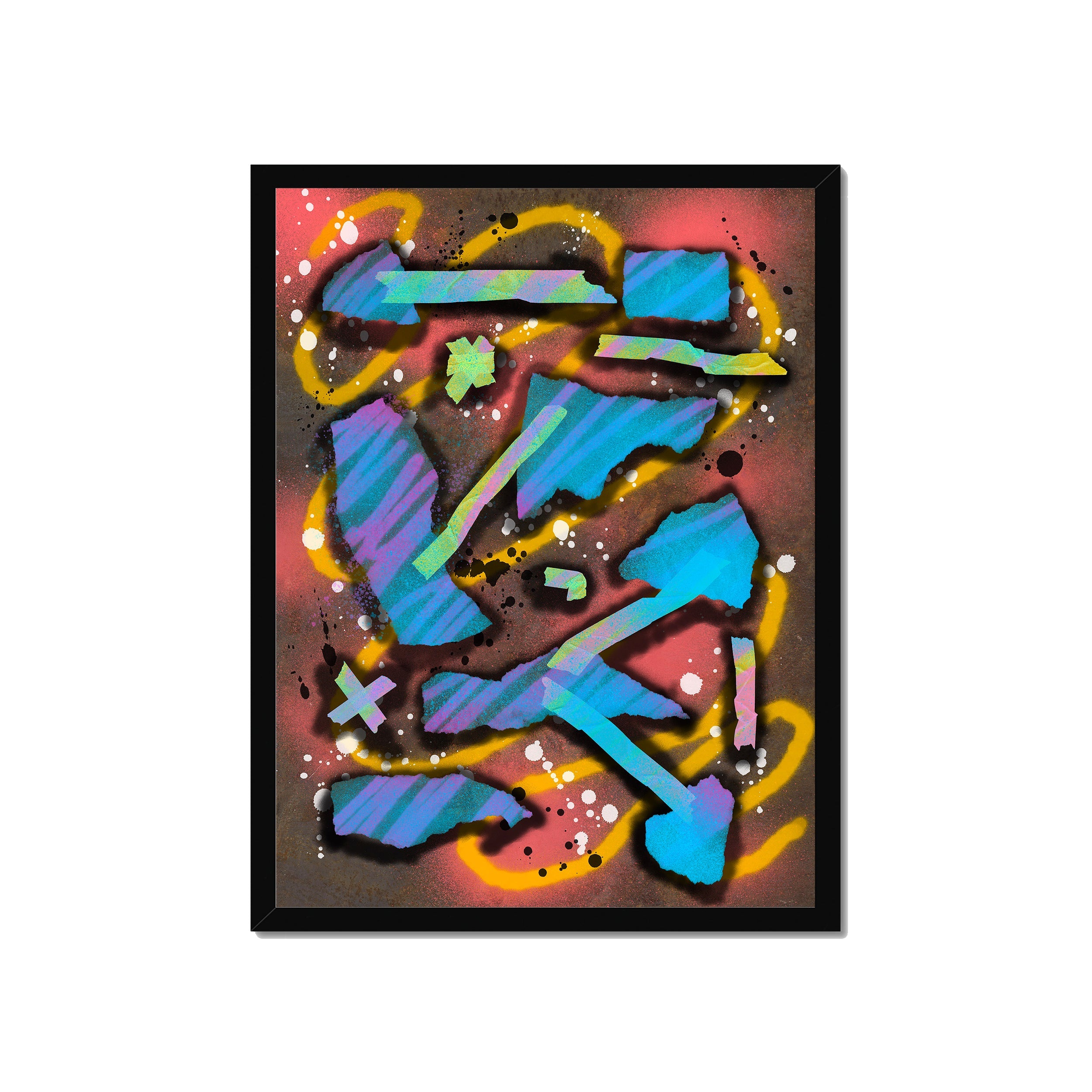 Broken Beat 07 – 45×60 cm fine art print in black box frame (18×24"). Layered abstract composition. Hahnemühle German Etching 310gsm. Ready to hang.