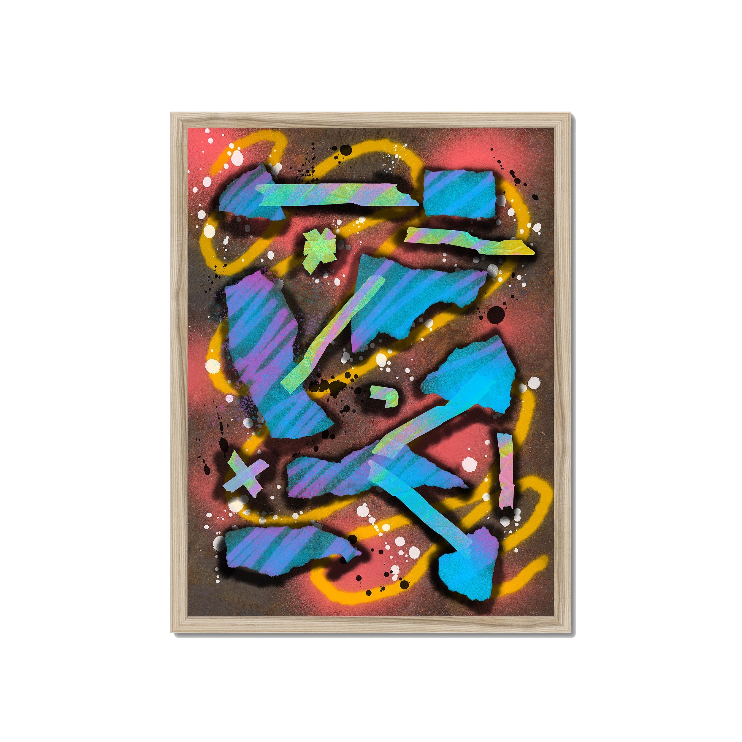 Broken Beat 07 – 45×60 cm fine art print in natural wood box frame (18×24"). Layered abstract composition. Hahnemühle German Etching 310gsm. Ready to hang.