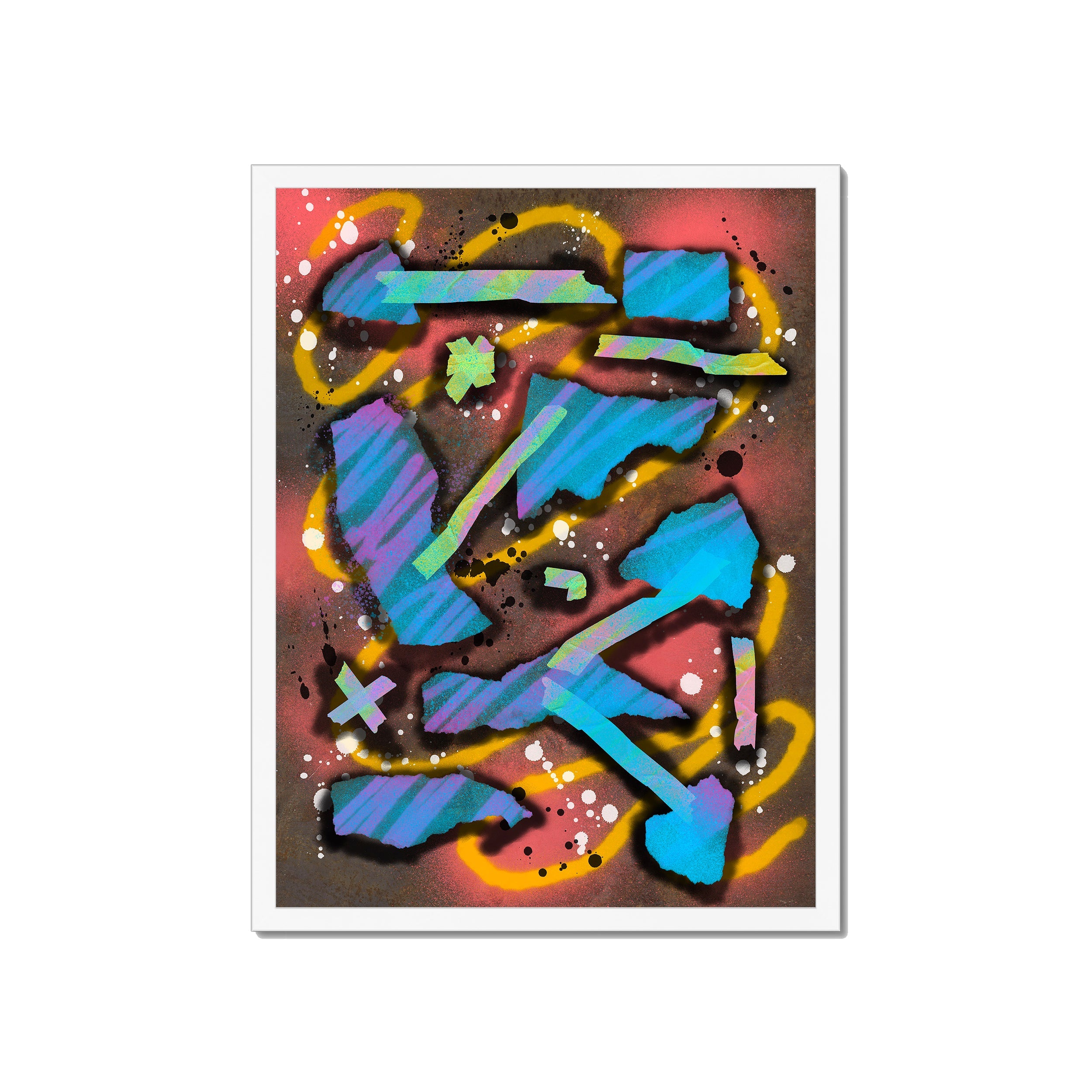 Broken Beat 07 – 45×60 cm fine art print in white box frame (18×24"). Layered abstract composition. Hahnemühle German Etching 310gsm. Ready to hang.
