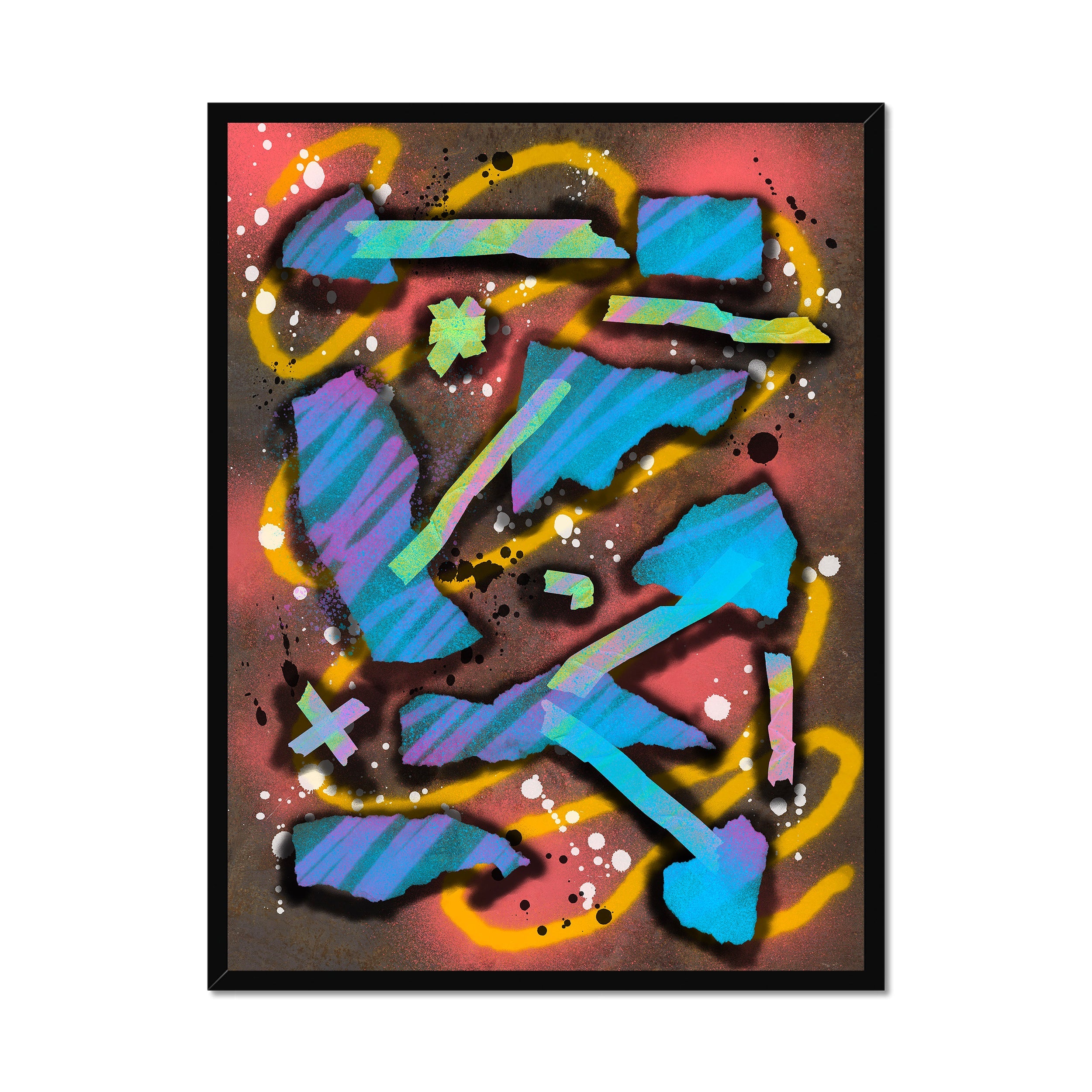 Broken Beat 07 – 60×80 cm fine art print in black box frame (24×32"). Layered abstract composition. Hahnemühle German Etching 310gsm. Ready to hang.