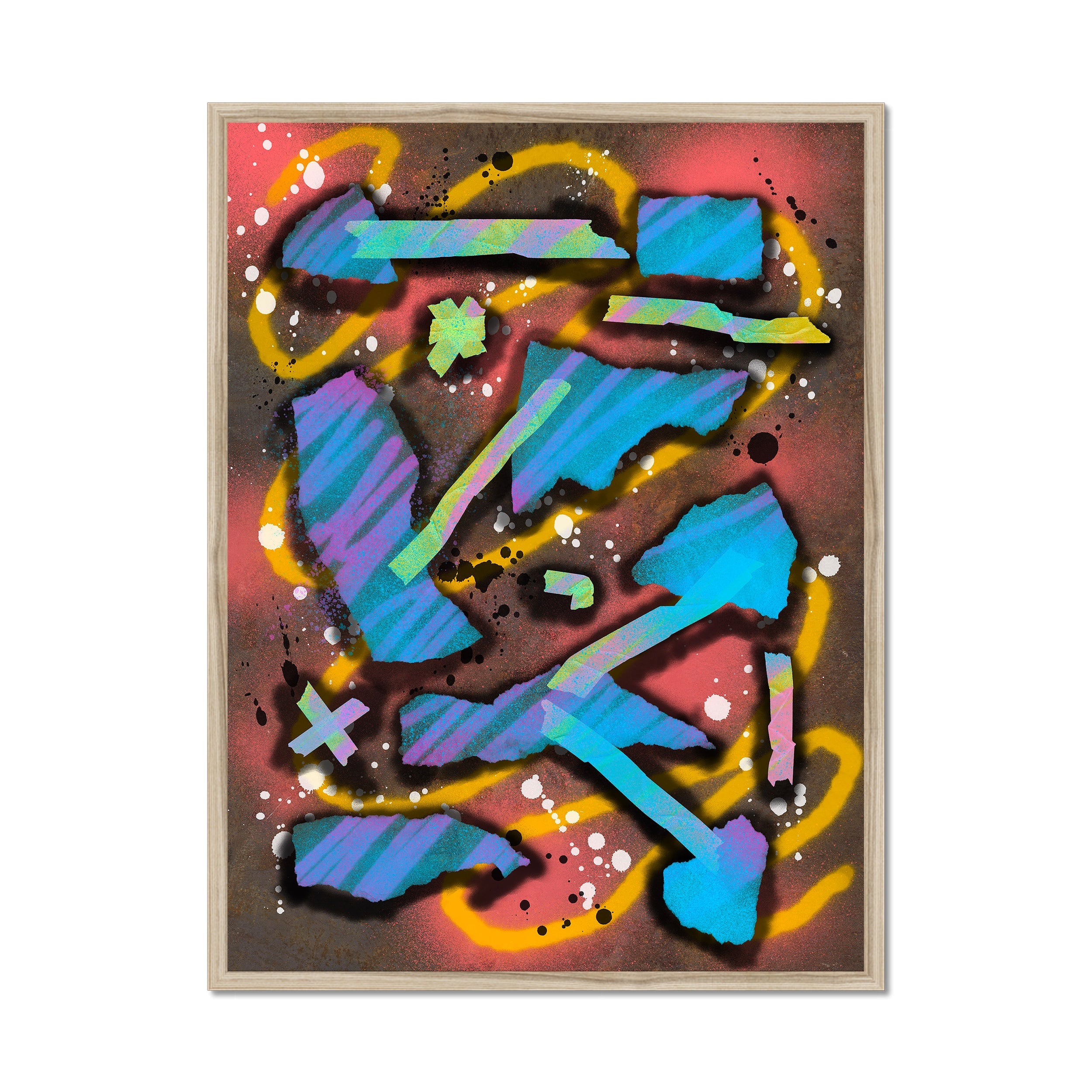 Broken Beat 07 – 60×80 cm fine art print in natural wood box frame (24×32"). Layered abstract composition. Hahnemühle German Etching 310gsm. Ready to hang.