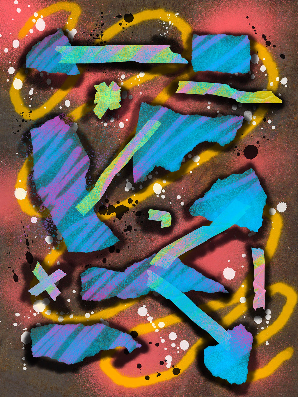 Broken Beat 07 – layered abstract composition with gestural marks and sprayed colour fields. Museum-grade giclée print on Hahnemühle German Etching 310gsm archival paper. Available in 30×40, 45×60, and 60×80 cm.