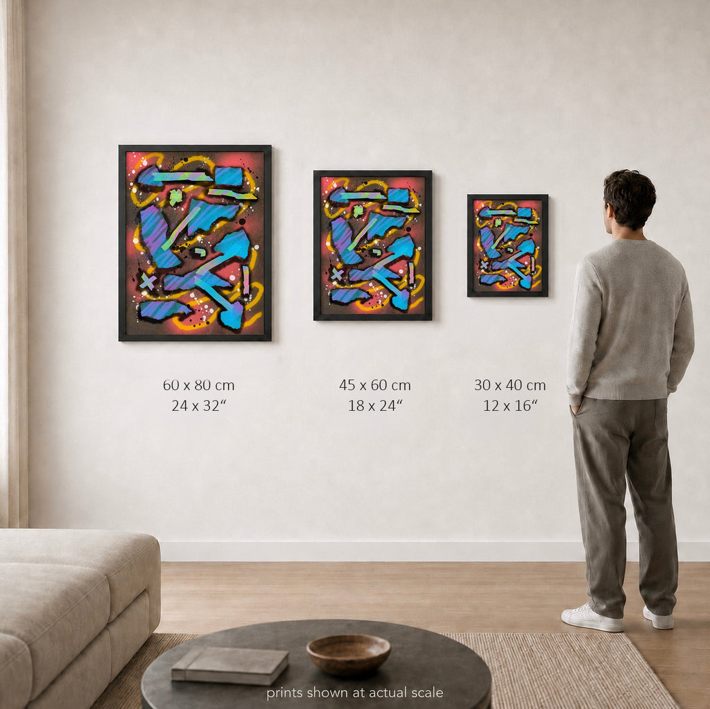 Broken Beat 07 – print sizes shown at actual scale in a contemporary interior. 60×80 cm / 24×32", 45×60 cm / 18×24", 30×40 cm / 12×16".