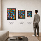 Broken Beat 07 – print sizes shown at actual scale in a contemporary interior. 60×80 cm / 24×32", 45×60 cm / 18×24", 30×40 cm / 12×16".