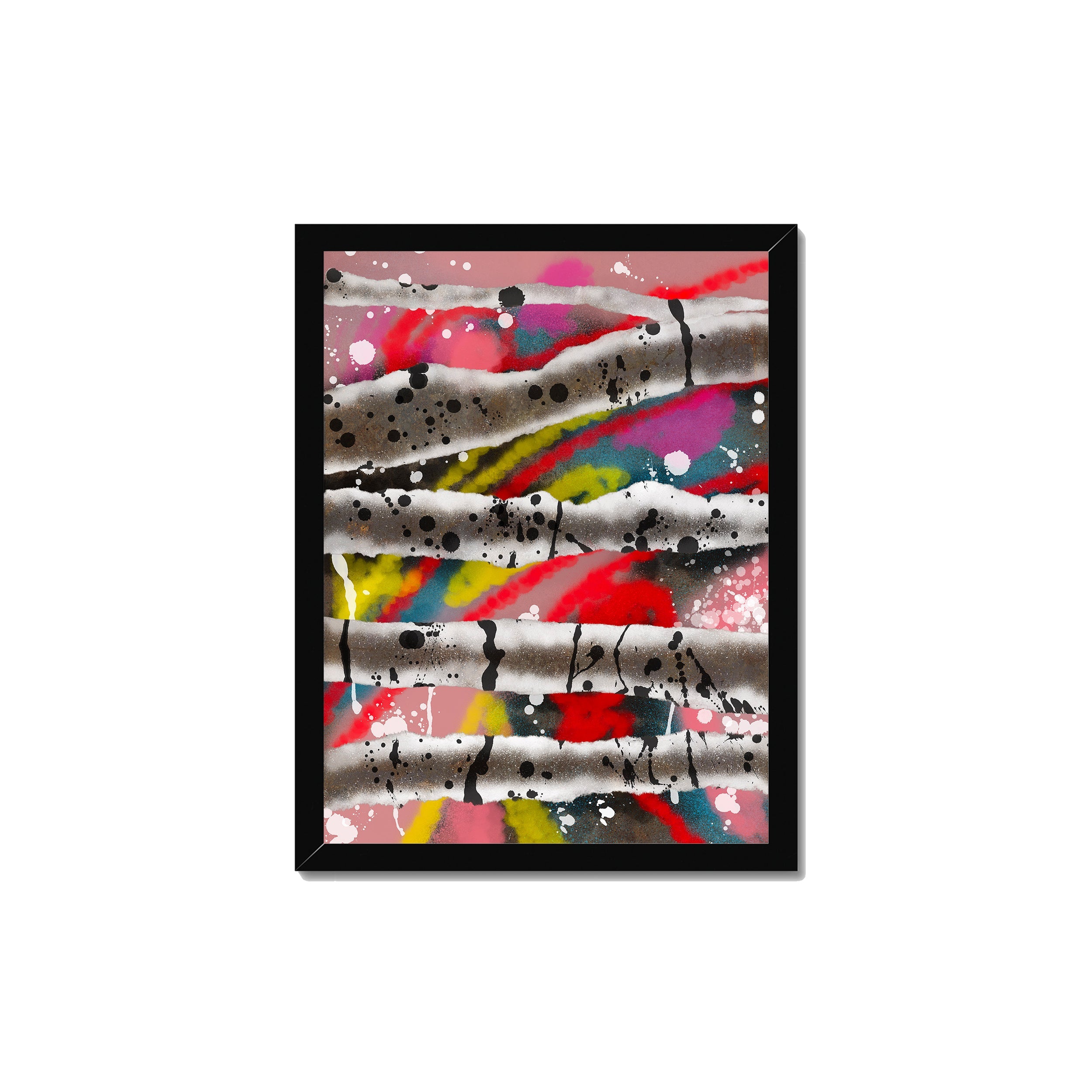 Broken Beat 08 – 30×40 cm fine art print in black box frame (12×16"). Layered abstract composition. Hahnemühle German Etching 310gsm. Ready to hang.