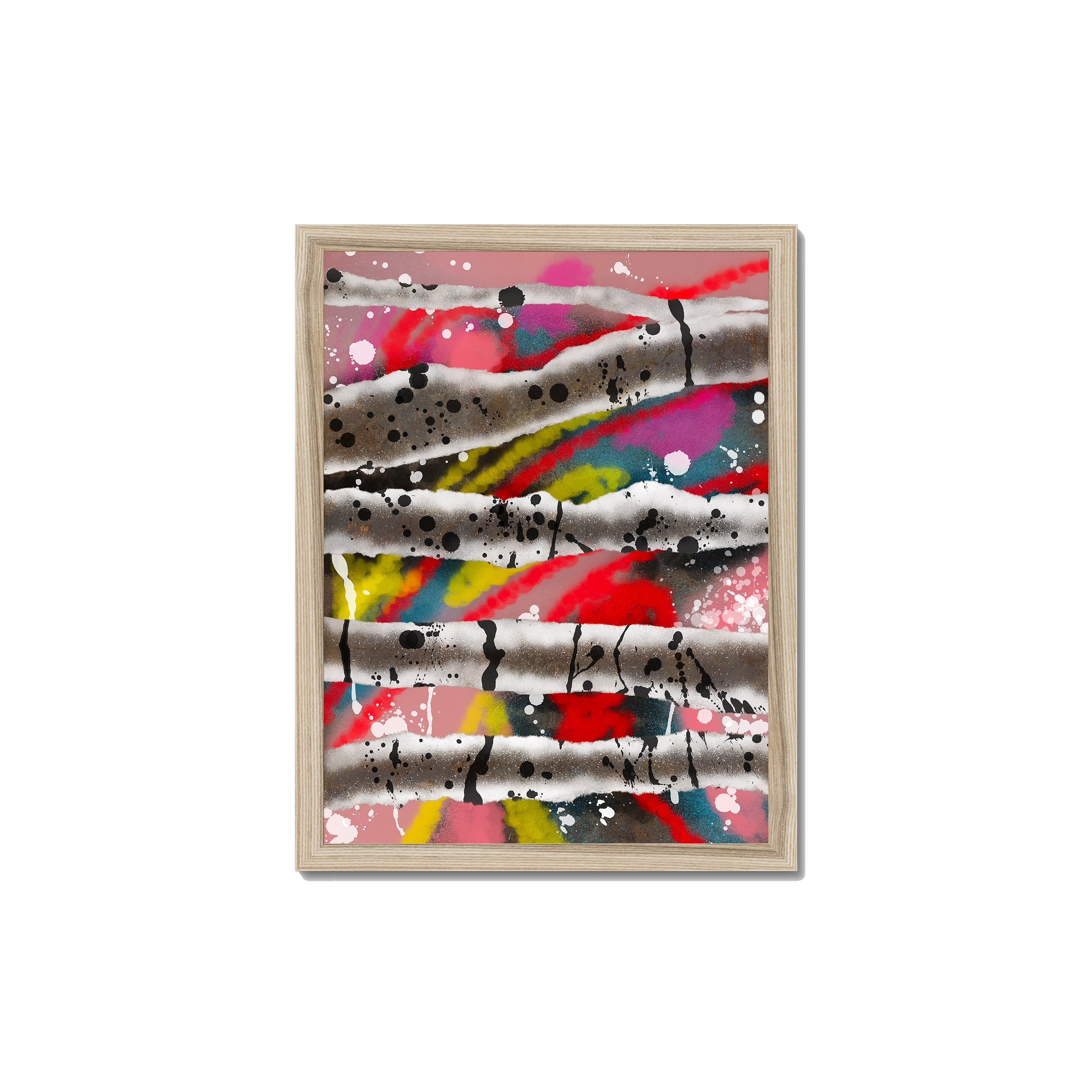 Broken Beat 08 – 30×40 cm fine art print in natural wood box frame (12×16"). Layered abstract composition. Hahnemühle German Etching 310gsm. Ready to hang.